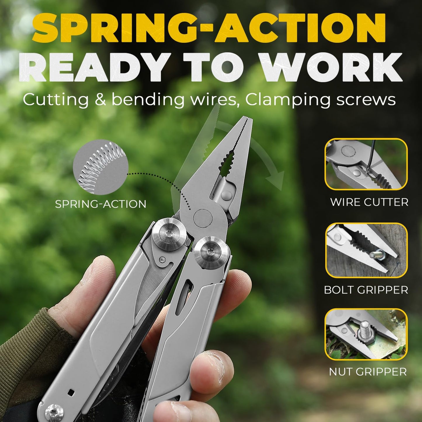 Elvesoar 21-in-1 Stainless Steel Multitool, Self-Locking EDC Multi Tool with Needle Nose Pliers, Pocket Knife, 2 Screwdriver Bits, Saw, Sheath & Fire Starter - 10.3oz, Camping Gifts for Men