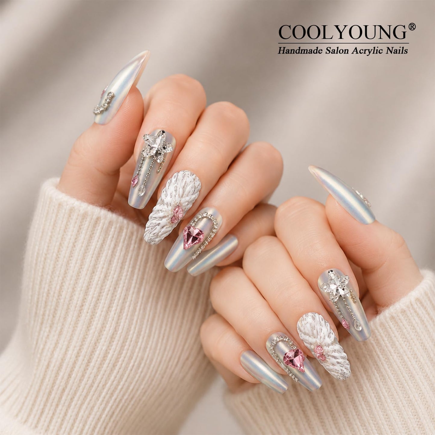 Handmade Nails, Coffin White Nails, 3D Artificial Rhinestone Press On Nails, Luxury Press On Nails, Gifts For Women, COOLYOUNG 10 PCS, Size L