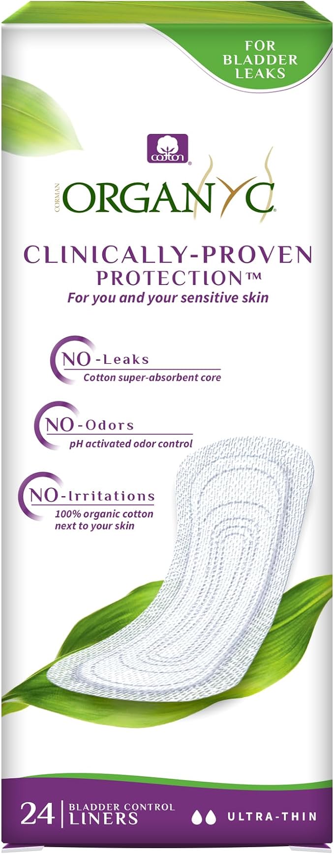 Organyc 100% Organic Cotton Inside and Out Light Incontinence Liners for Bladder Leakage Control, FSA/HSA Eligible, Ultra Thin, Light Flow, 24 Count