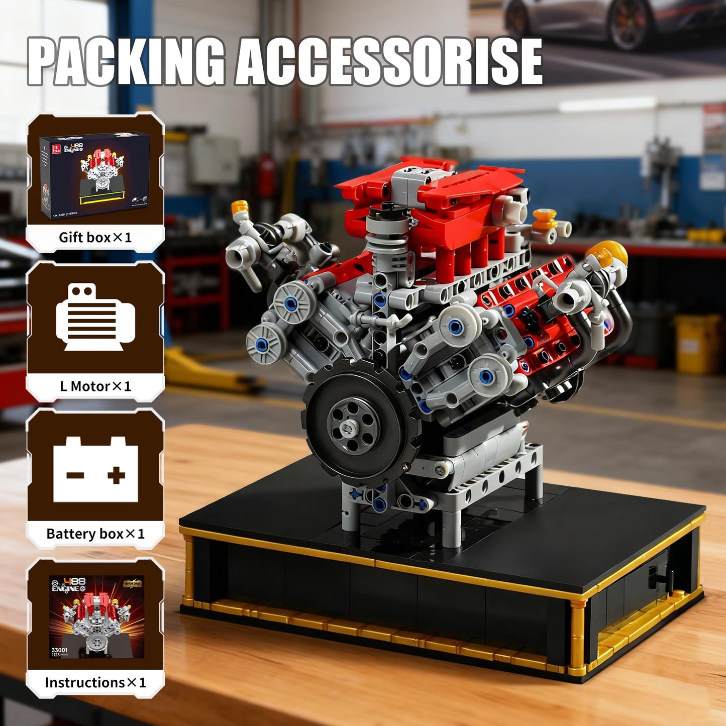NERCISU V8 Engine Technic Building Blocks Set That Runs Smoothly, Build Your Own 8 Cylinder Visible Dynamic 488 Engine Model Kit with Motor, STEM Educational Gift for Adults & Boys Ages 8+(1123PCS)
