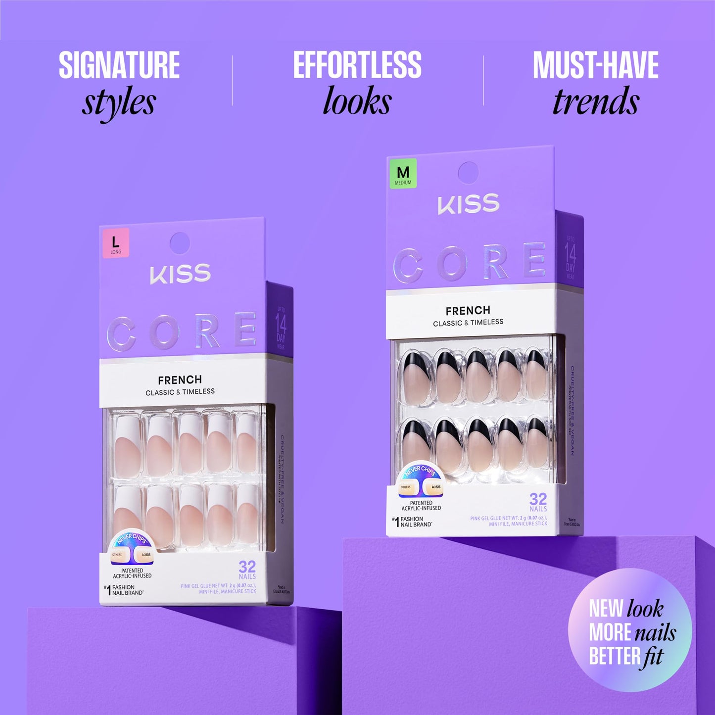 Kiss Core, Press On Nails, Nail glue included, 'Hopeful', White, Medium Size, Squoval Shape, Includes 32 Nails, 2g Glue, 1 Manicure Stick, 1 Mini File