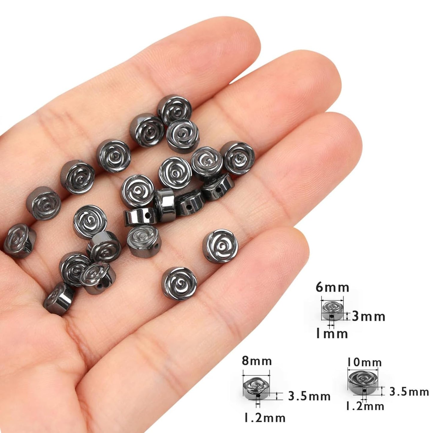 HAAMIIQII 40pcs 10mm Natural Black Hematite Loose Gemstone Beads Rose Flower Shape Spacer Stone Beads for Jewelry Making DIY Bracelets Necklaces Crafting