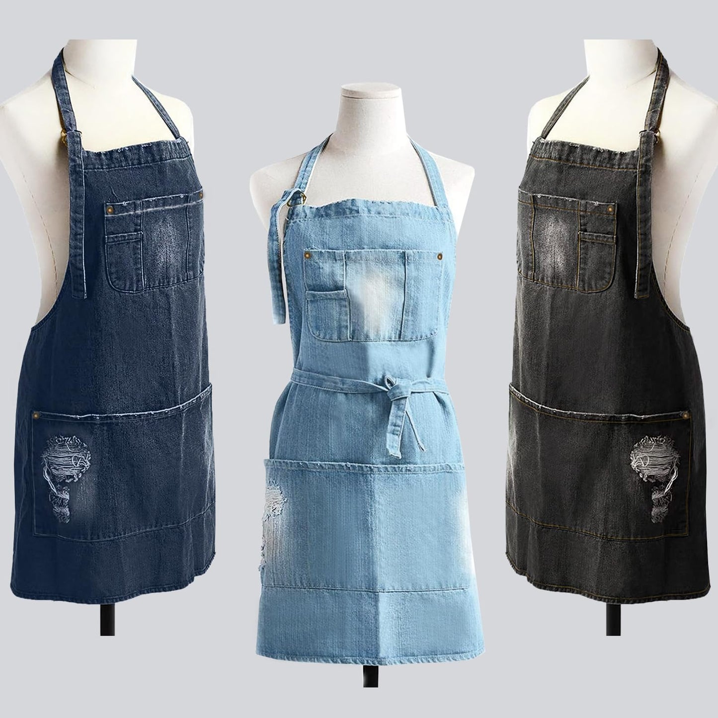 Jowcud Denim Apron With 5 Pockets for Cooking Kitchens,Hairstylist Aprons for Women Men,Adjustable Bib Jean Apron for Arts Gardening Cafes Bars Work
