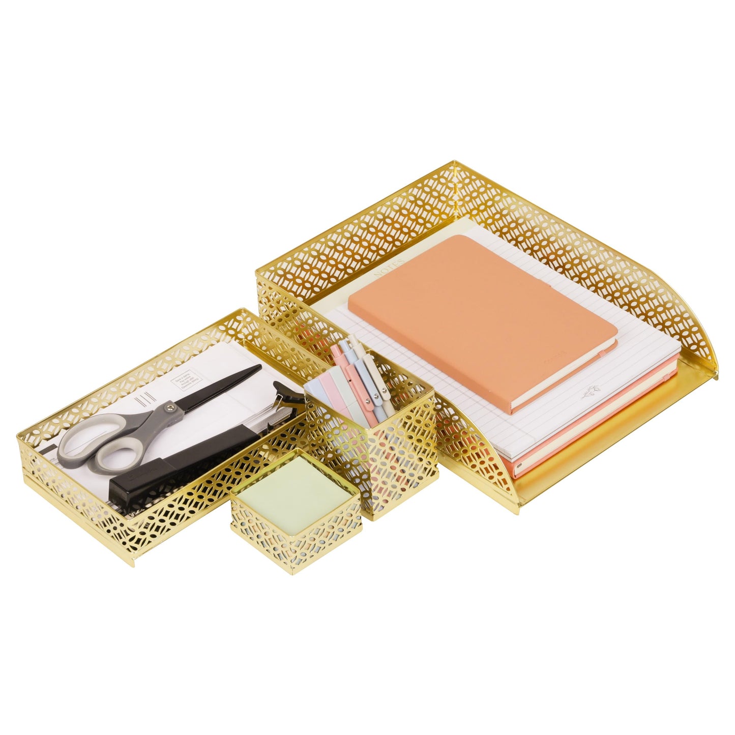 Mind Reader Gold Desk Organizer Set, Includes Pen Cup, Catchall Tray, File Box & Paper Tray, 4-Piece Metal Desktop Accessory Kit