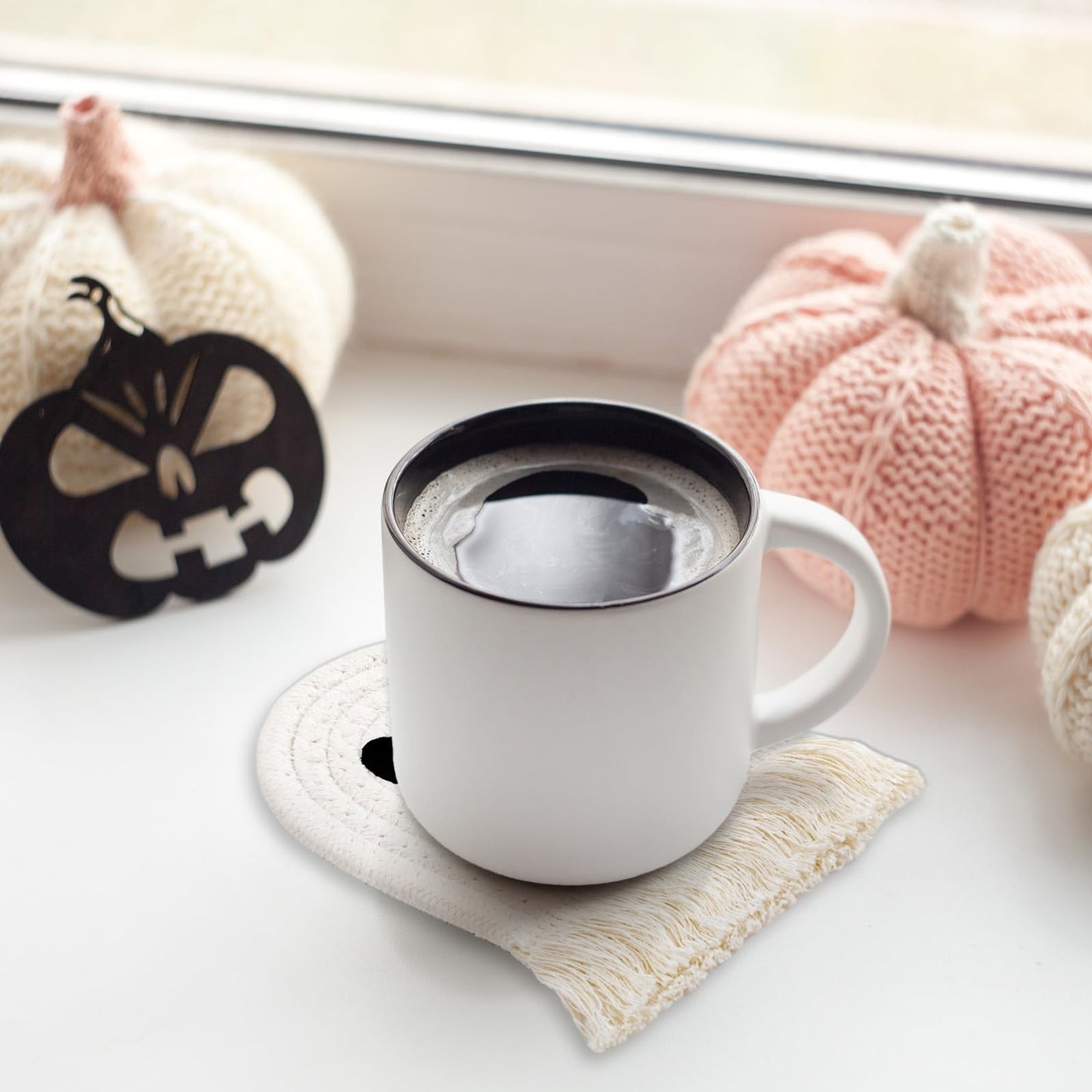 Whaline Halloween Ghost Cotton Coasters Cute White Ghost Shape Handmade Braided Drink Coasters with Tassel Absorbent Cup Mats for Trick or Treat Party Home Table Decor, Set of 4