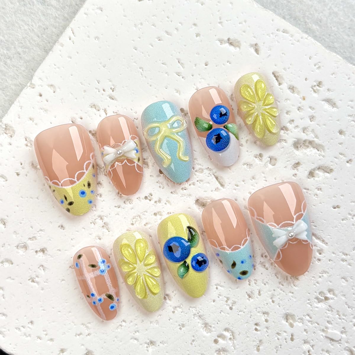 30Pcs Spring French Tip Press On Nails Short Almond Shape 3D Lemon Blueberry Bow Fake Nails Reusable Acrylic False Nails Cute Summer Fruit Themed Stick on Nails for Women DIY Acrylic Nails Kit