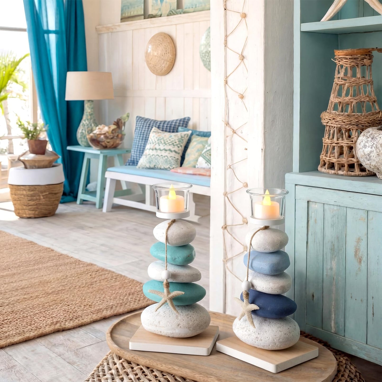 Mumufy 2 Pcs Farmhouse Coastal Candle Holder with Natural Stone Starfish, Stone Candle Holder Blue Teal Ocean Theme Drift Bottle Design Nautical Rustic Decor for Home Bathroom Table Centerpiece