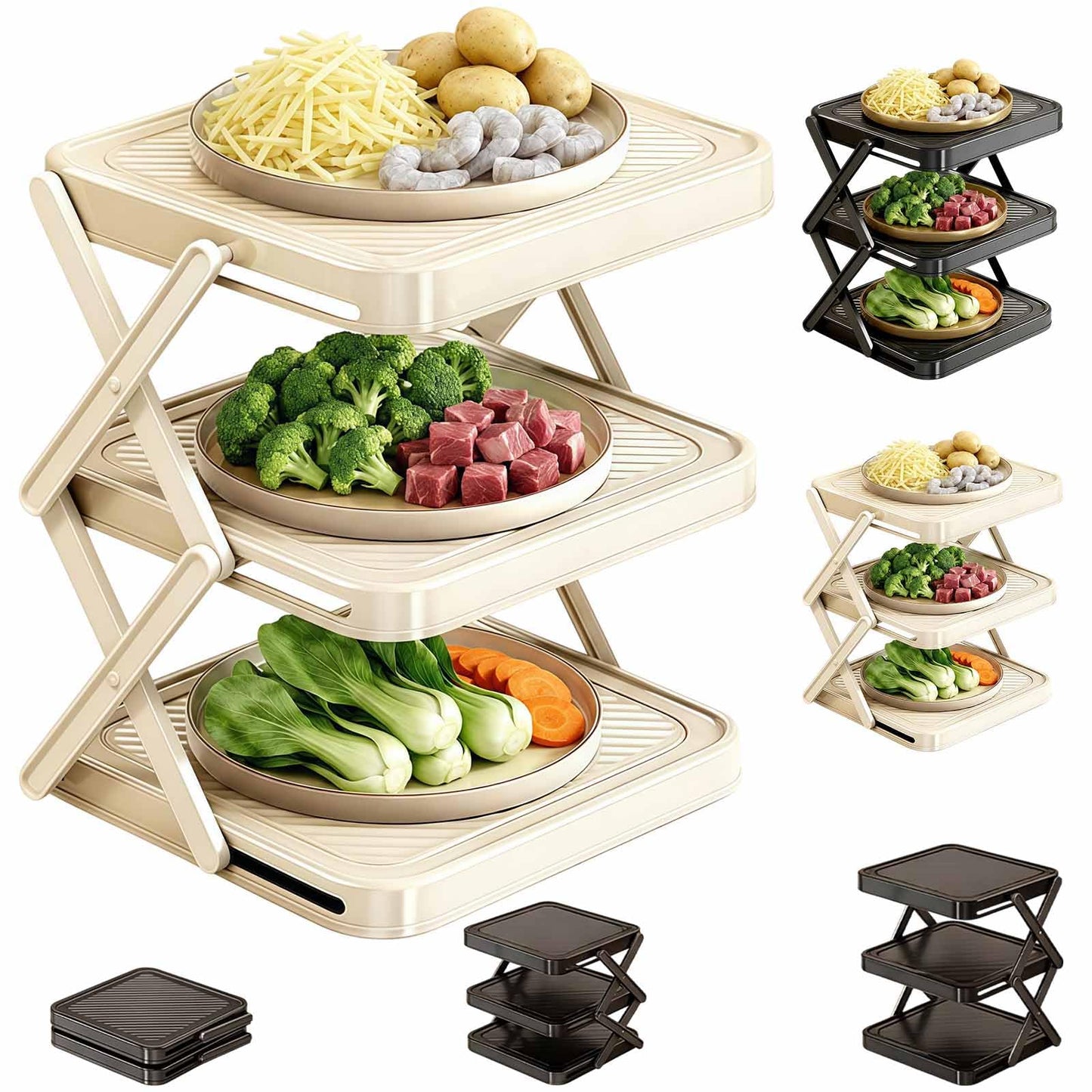 Multi-Layer Dish & Prep Tray Storage Rack, 3-Tier Foldable Food Prep Storage Rack, Easy to Store, Space-Saving, Food Prep Rack for Parties, Picnics, Kitchens & Outdoor BBQ (White*1)