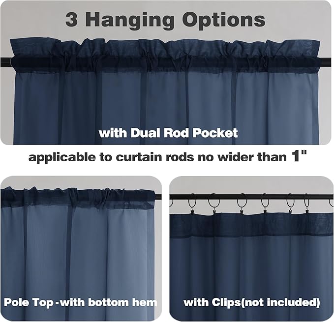 Chyhomenyc Navy Blue Sheer Valances for Windows - Light Filtering Small Kitchen Curtains, Rod Pocket Short Top Window Treatment Decor for Living Room Bathroom Basement, 42Wx16L inches, 2 Panels