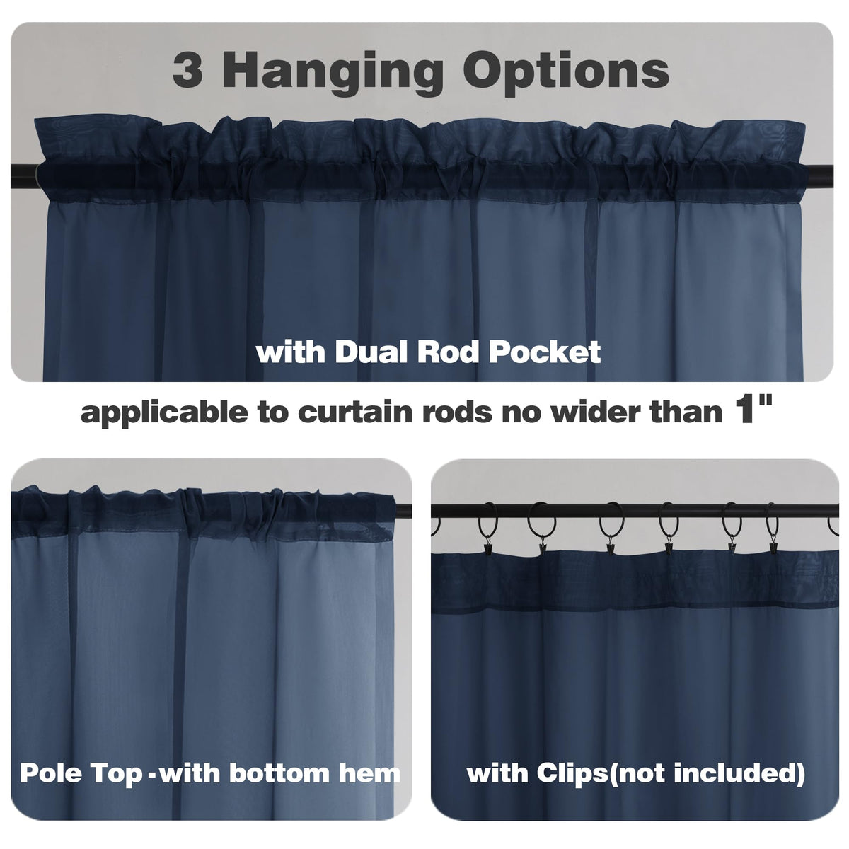 Navy Blue Sheer Curtains 90 Inches Long 2 Panels (2 Count)