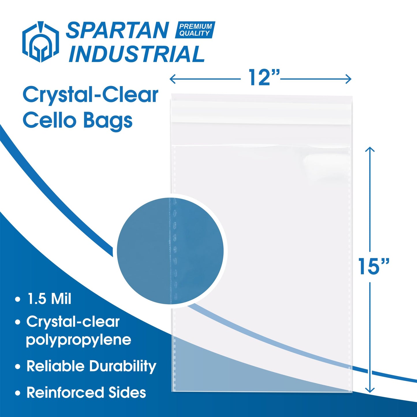 12" X 15" Self-Sealing Cellophane Bags (100 Count) Clear Poly Packaging for Clothing, Prints, Photos, Documents - Reinforced Resealable Cello Bags for Small Business Shipping - Spartan Industrial