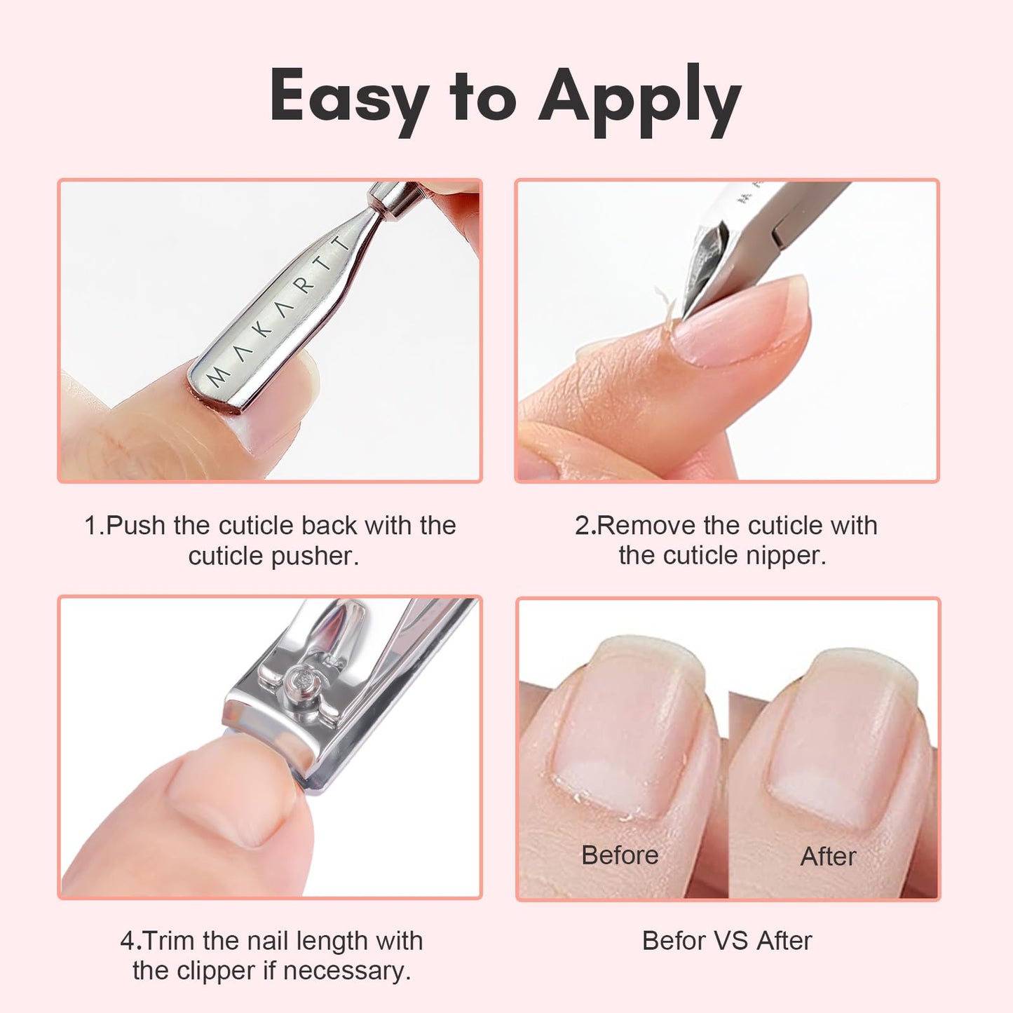 Makartt Cuticle Trimmer Set with Professional Cuticle Nipper, 2 Cuticle Pushers & Nail Clipper, Stainless Steel Pink Manicure Tools Kit for Women, Sharp, Ergonomic & Portable