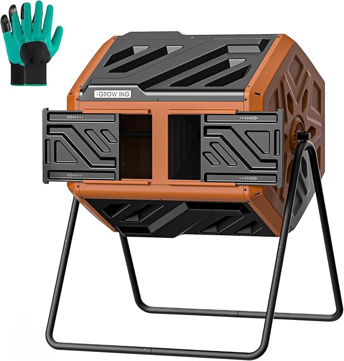 THEGROW'ING Updated 43 Gallon Compost Bin Outdoor, Fast Assemble Tumbling Composter, Dual Chamber Composter Tumbler, Rotating Compost Bin for Outside, Backyard, Garden and Yard, Orange