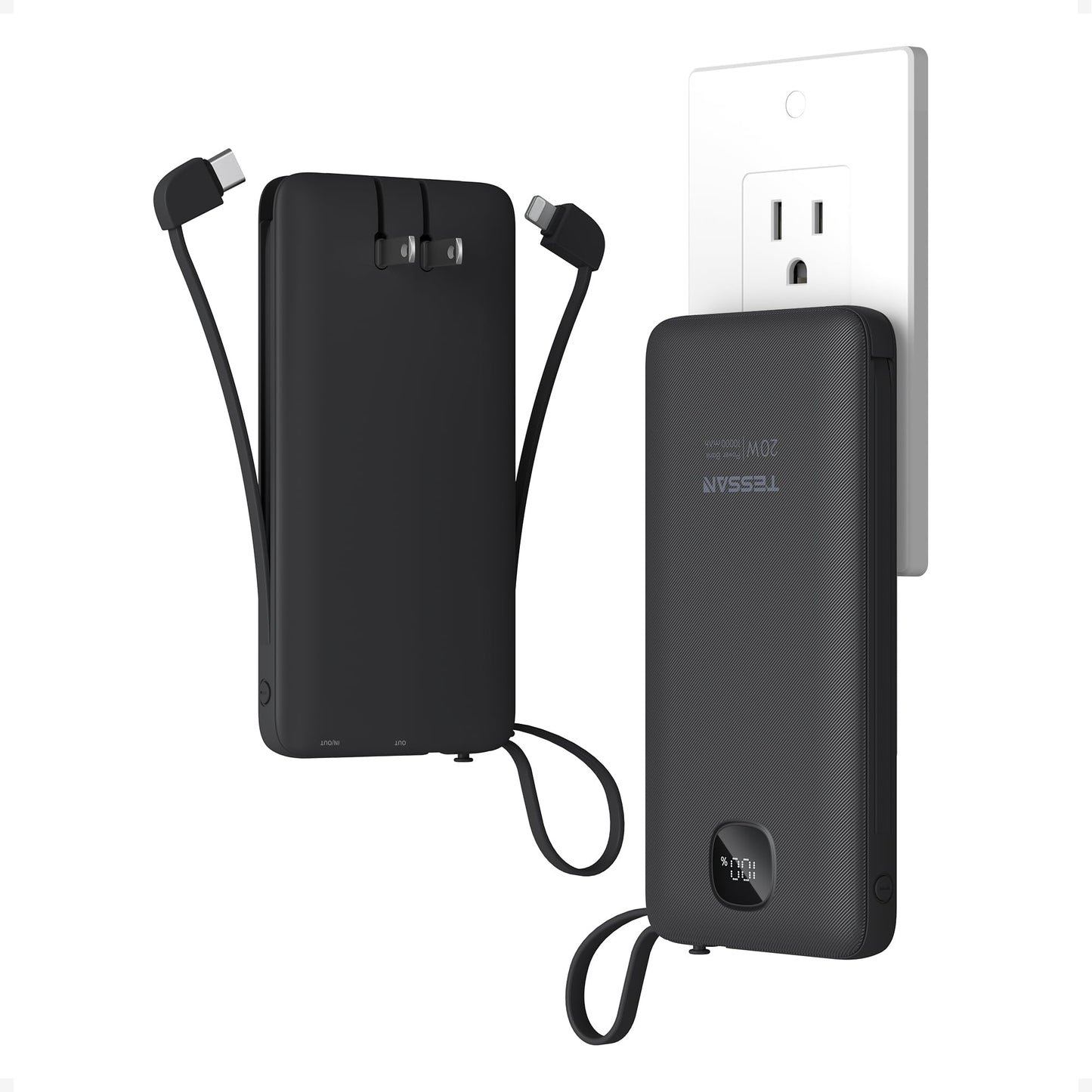 TESSAN Portable Charger with Built in Cables, 10000mAh Power Bank Fast Charging with Foldable AC Plug, PD20W Compact Battery Pack Travel Essentials for iPhone 17/16/15 Series, Samsung, Tablets, Black