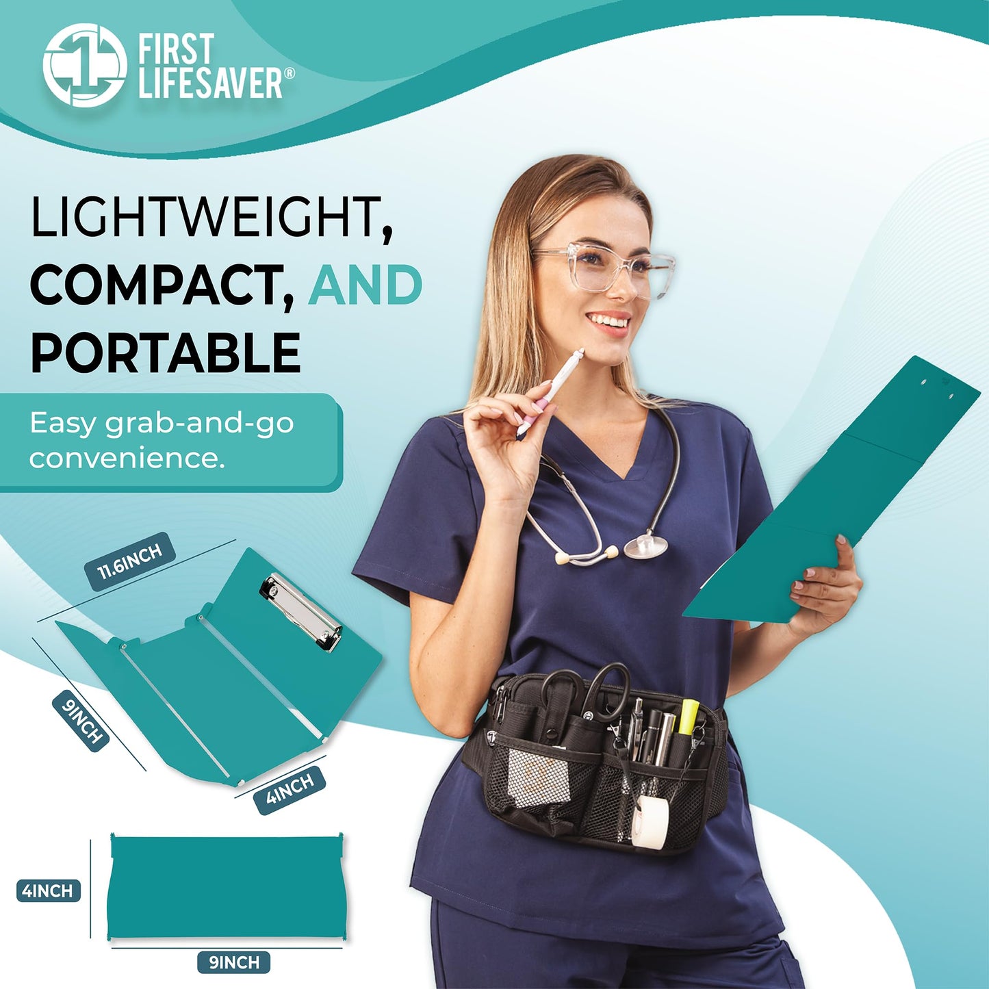 First Lifesaver Foldable Nurse Clipboard, 3 Layers Aluminum, Teal Blue