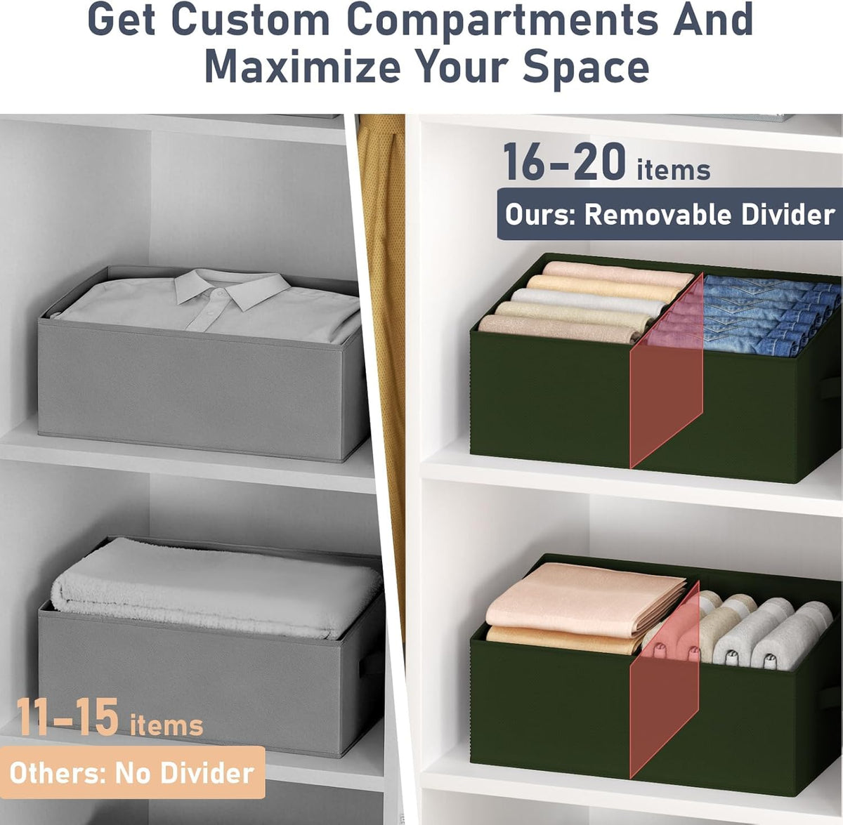 Large Closet Shelf Organizer Bins 4 Packs with Handles and Divider (4 Count)