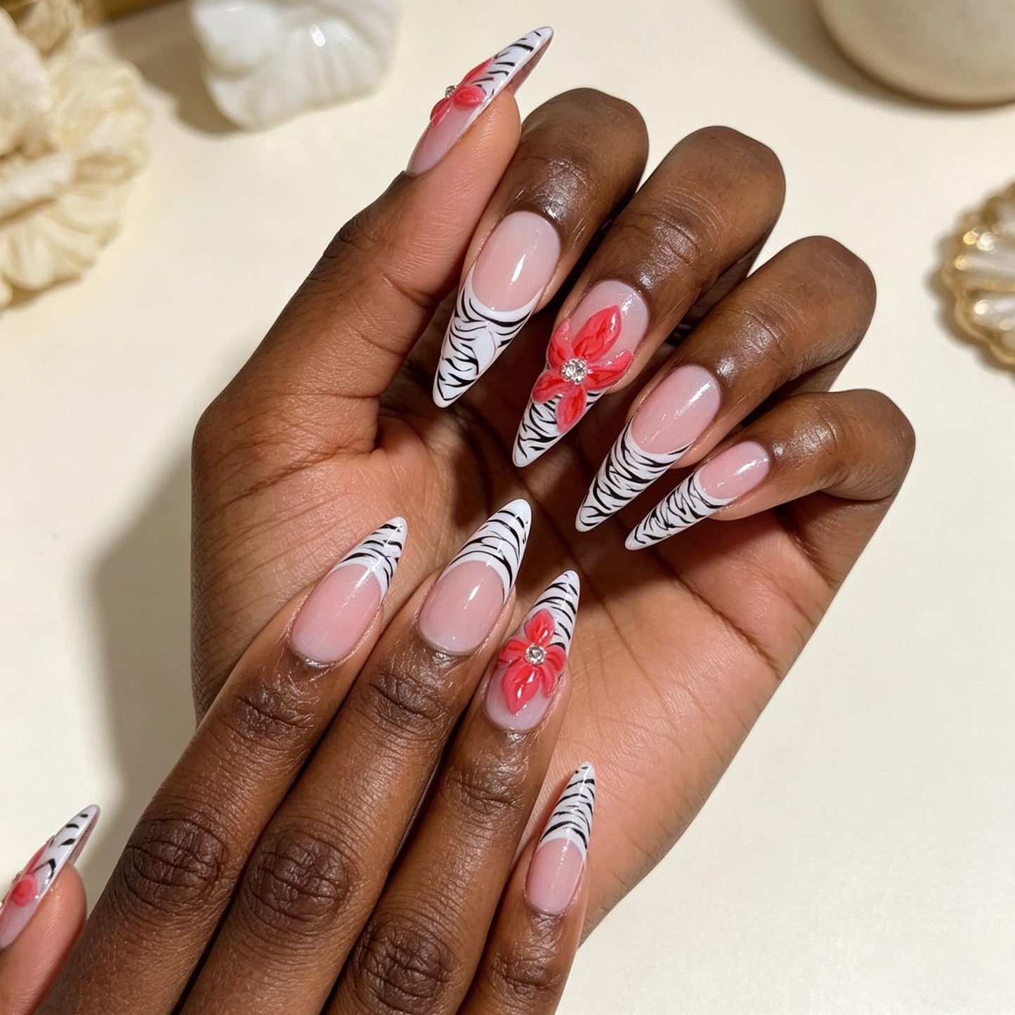 10 Pcs Handmade Press on Nails Long Stiletto Fake Nails with Design Zebra Print French Tip False Nails 3D Red Flower Acrylic Press Ons Nails for Women Manicure - Size M