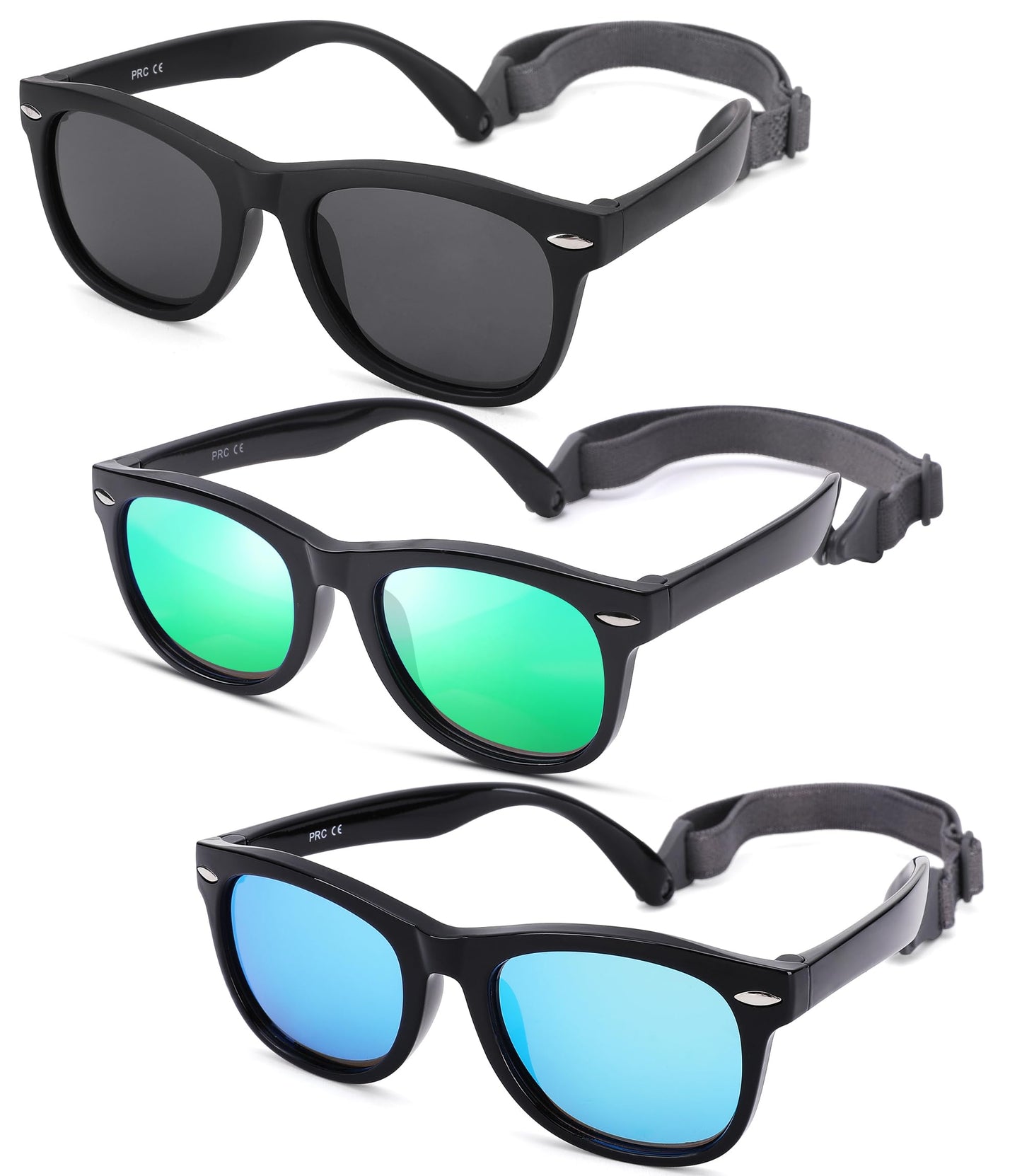 NULOOQ Polarized Baby Sunglasses with Strap - Unbreakable Flexible Infant Sunglasses for Toddlers Age 0-24 Months (Balck/Gray + Black/Blue + Black/Green) - 3 Pack
