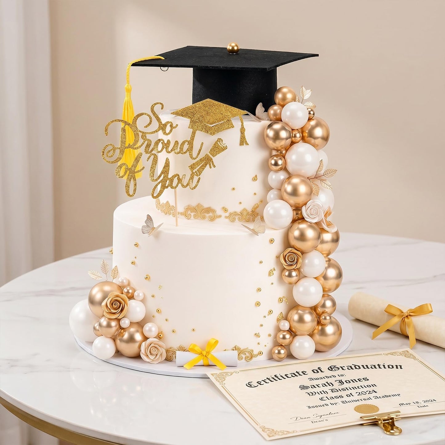 43 Pcs Graduation Cake Kit Included Felt Grad Cap with Tassel Grad Cake Topper Graduations Party Supplies So Proud of You Cupcake Topper for Congrats Senior High School College Party Decor(Gold White)
