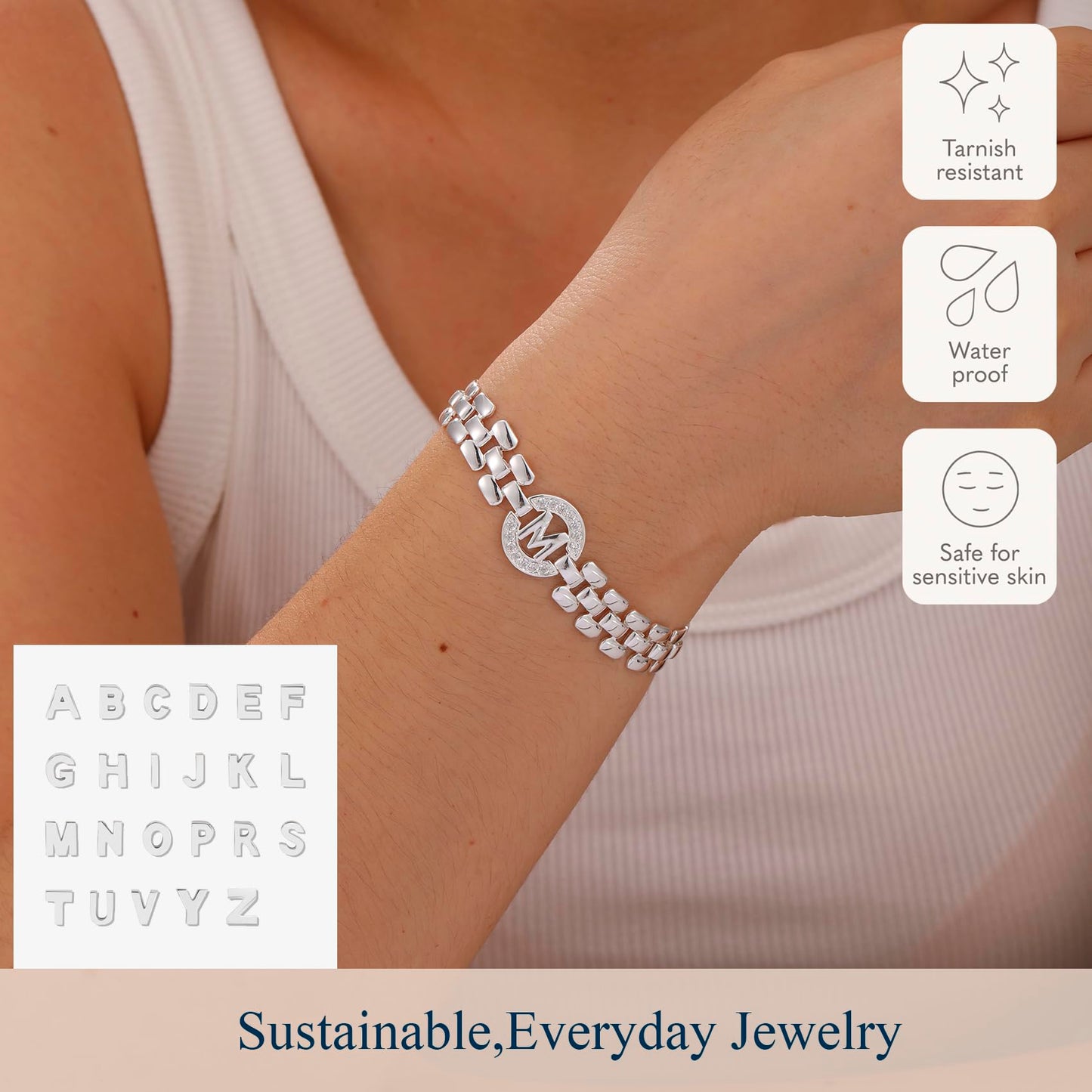 WEDDINEN Initial Bracelet, Silver & Gold Letter Bangle for Women, Alphabet Charm Chain