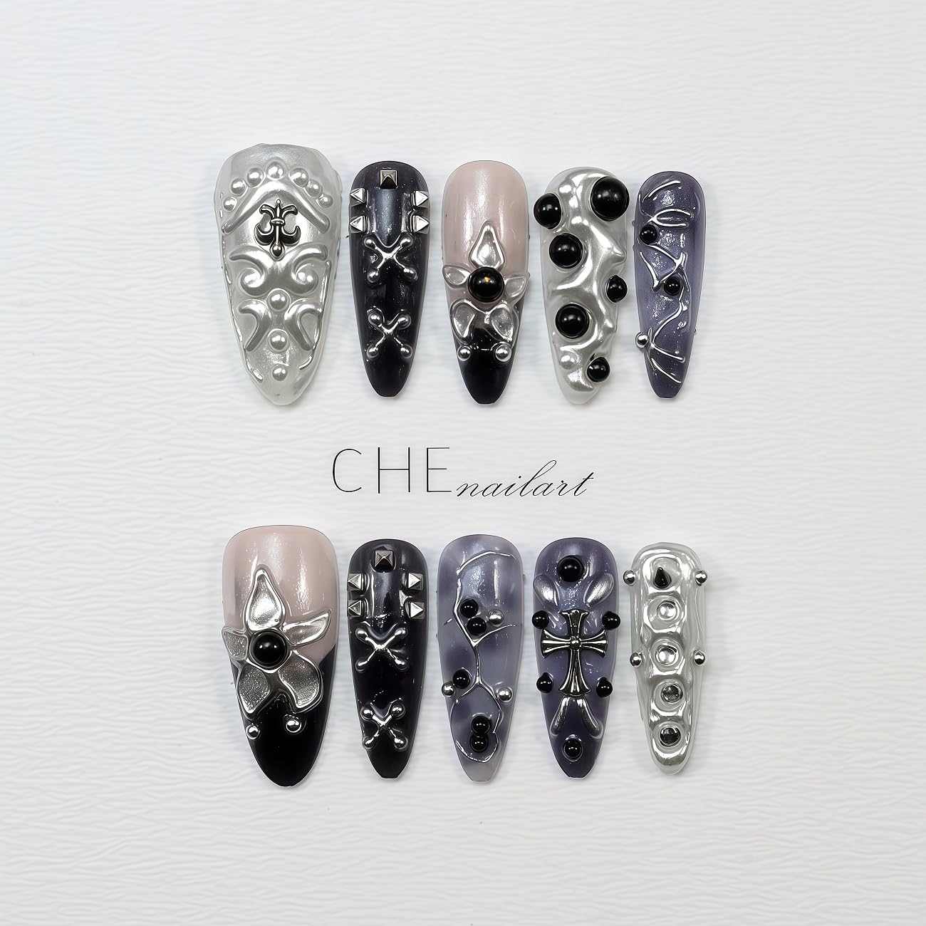 WZHAOJUN Handmade Press On Nails,Medium Black Gothic Presson Nails For Women,10pcs Abs Material Fake Nails With Design-Reusable Glue On Hand Made Nails For Party Wedding(10Pcs Size M)