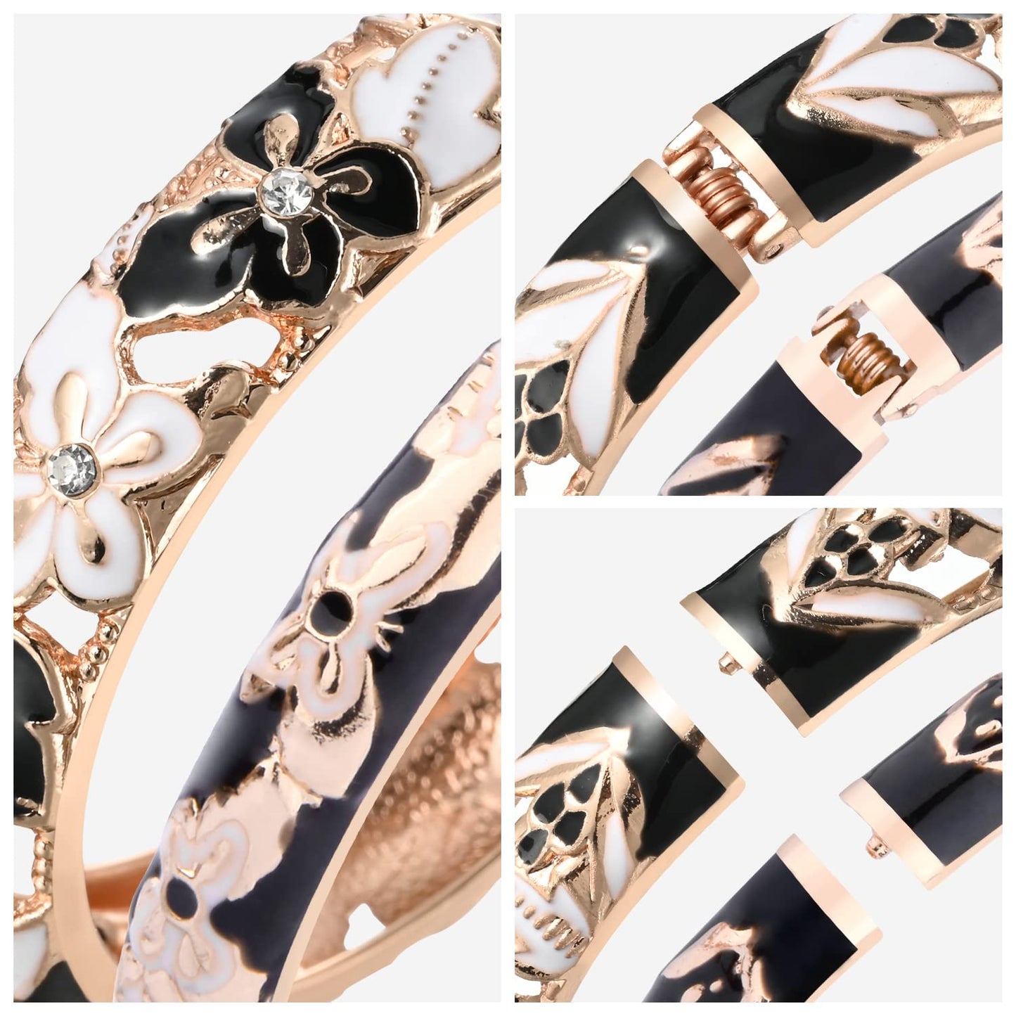 UJOY Vintage Jewelry Cloisonne Handcrafted Butterfly Enameled Gorgeous Rhinestone Hinged Cuff Bracelet Bangles Gifts 88A09 Black