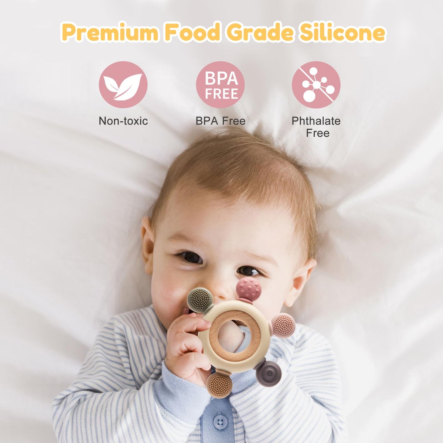 TOHIBEE Baby Montessori Sensory Teething Toy + Baby Teething Ring for 0-6 6-12 Months