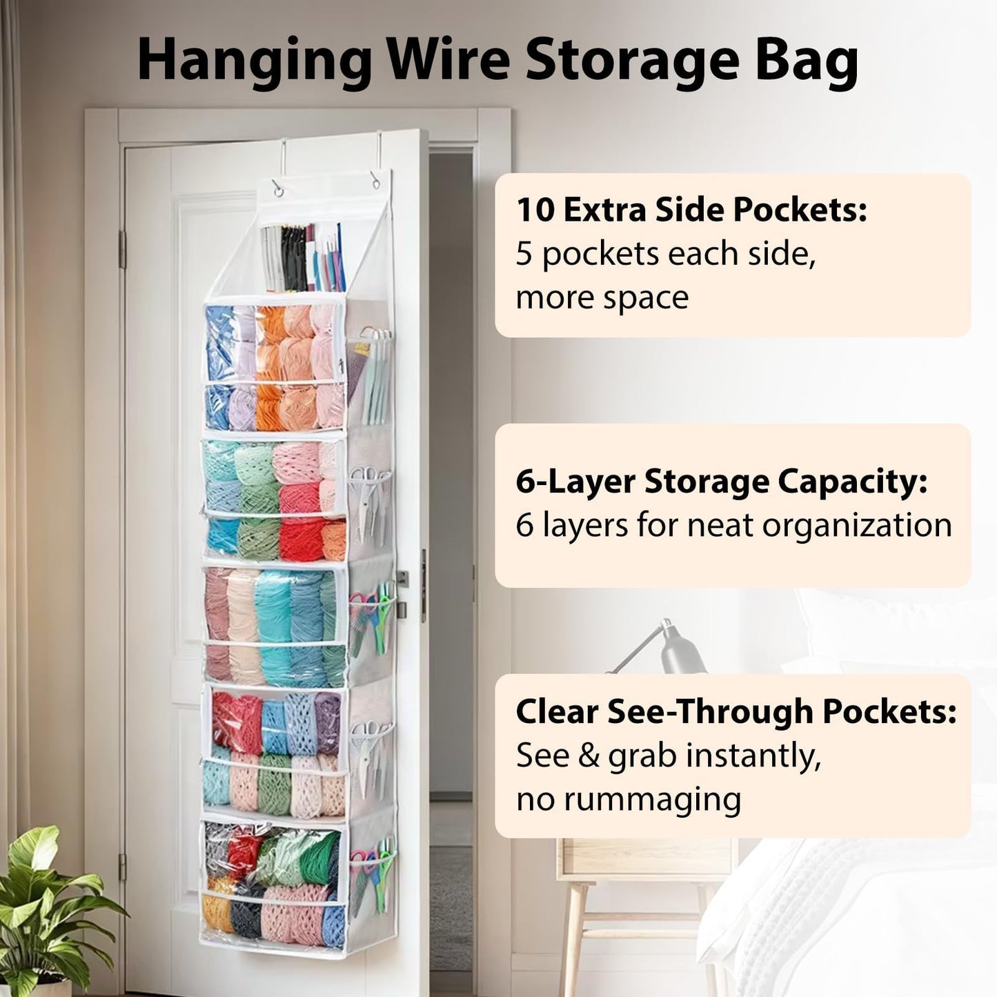 Bounlgsr 6 Large Hanging Yarn Storage Organizer with Double Zippers,10 Side Pockets, Large Capacity Knitting Needle Organizer, Over Door Yarn Organizer for Knitting Needles and Yarn