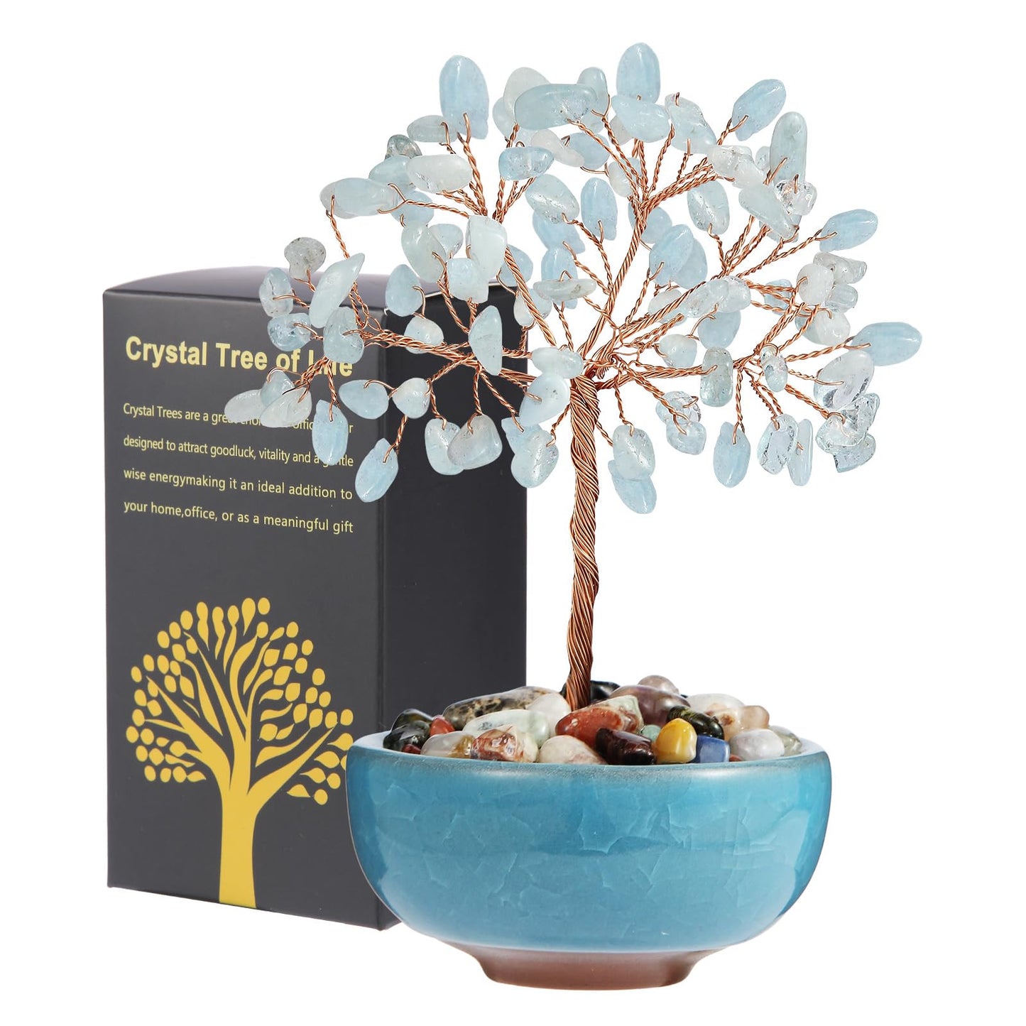 Handcrafted Aquamarine Abundance Tree with Ceramic Base,5 Inch Natural Crystal Feng Shui Bonsai for Prosperity,Harmony & Energy Flow,Premium Healing Stone Decor for Home & Sacred Spaces
