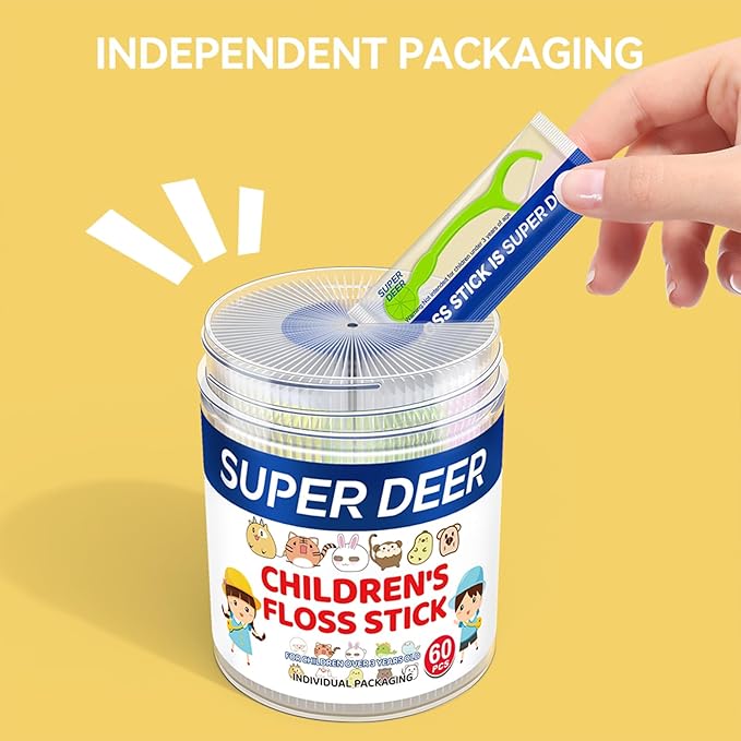 Super Deer Children's Dental Floss Sticks,120 Count, Individually Packaged, Ages 3+, Shred Resistant, Perfect for School, Travel & Playdates