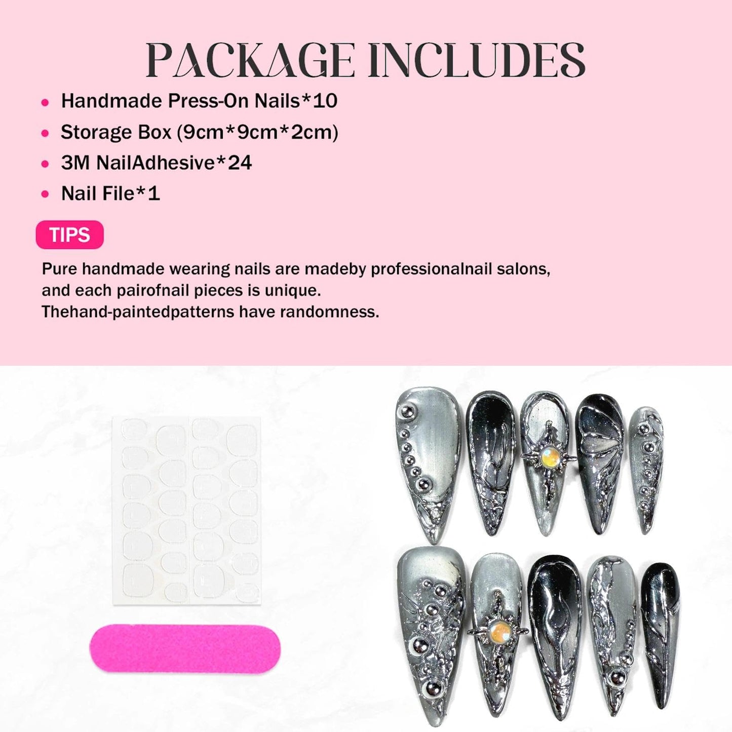 Handmade 3D Metallic Futuristic Stiletto Press On Nails, Silver Black Mechanic Artisan Nails Set, Reusable Glossy Press-ons with Tool Kit (S)