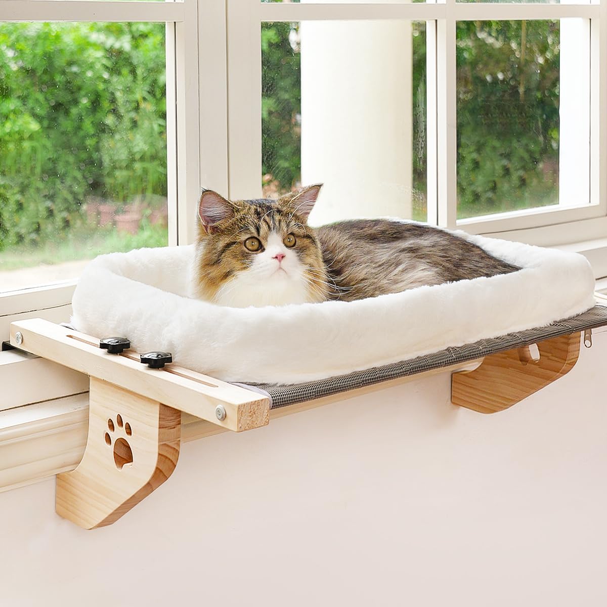 AMOSIJOY Wooden Cat Windowsill Perch with Zipper Cushion Bed, 21.7in
