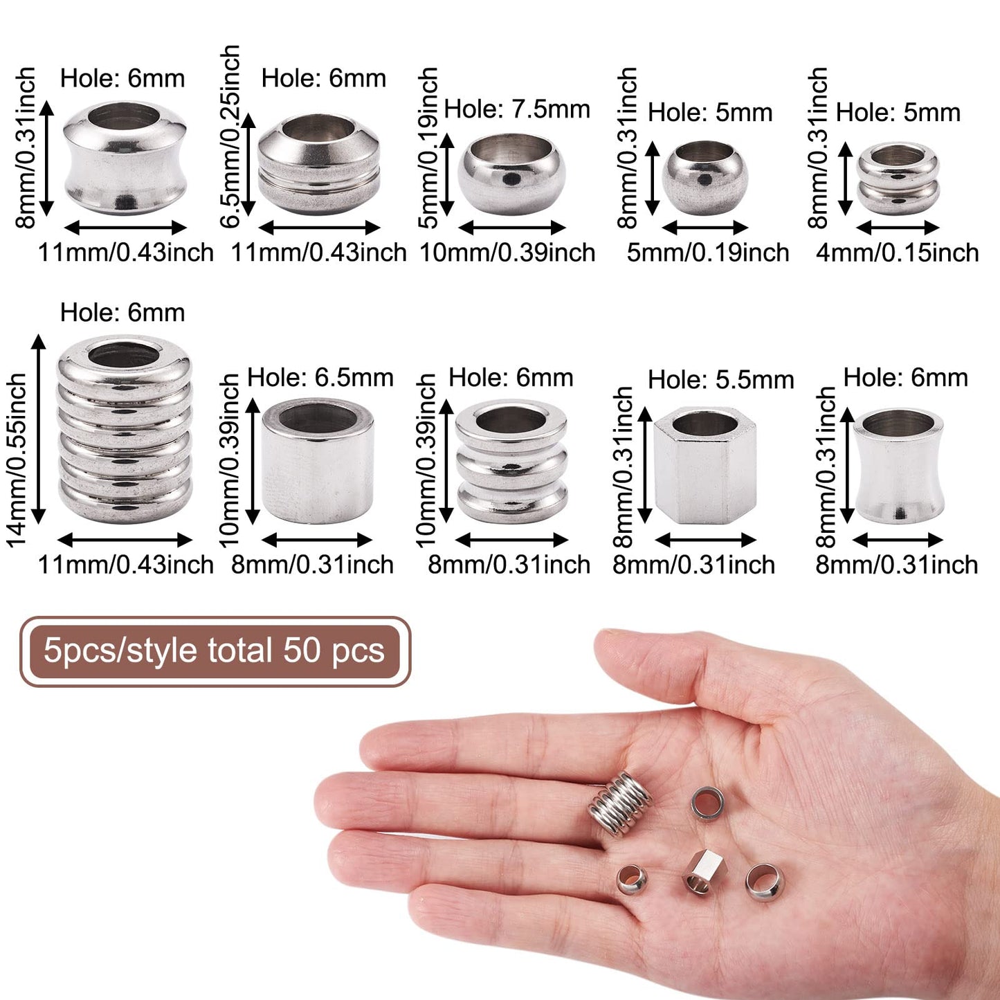 Fashewelry 50pcs Column Rondelle European Beads Large Hole Stainless Steel Loose Beads Assorted Tube Drum Spacer Finding Beads for Macrame Braided Necklace Choker Bracelet Earring Making