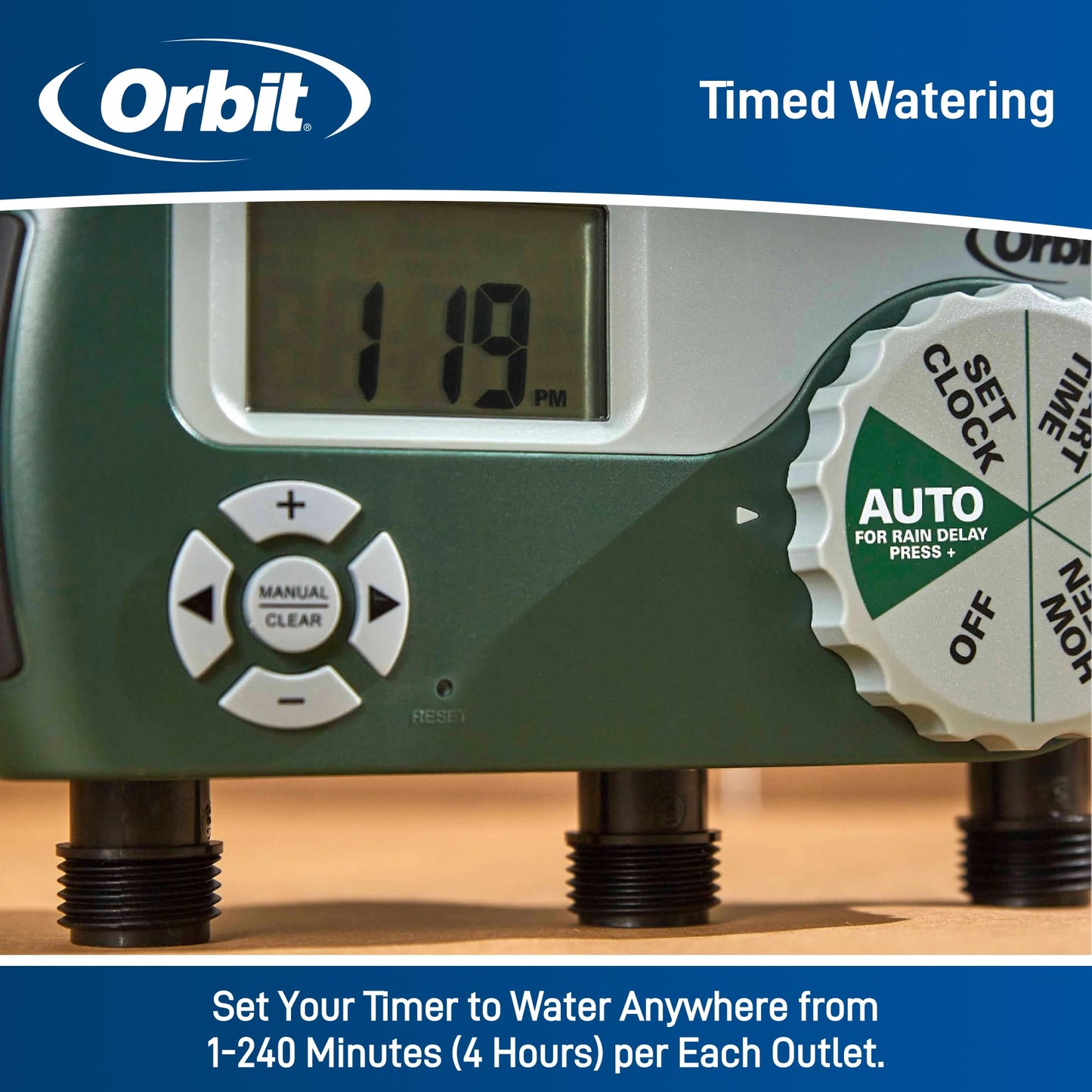 Orbit Programmable Digital Hose Watering Timer - 3 Outlet - Battery Powered - with LCD Screen - Built-in Rain Delay - Water-Resistant - 56082