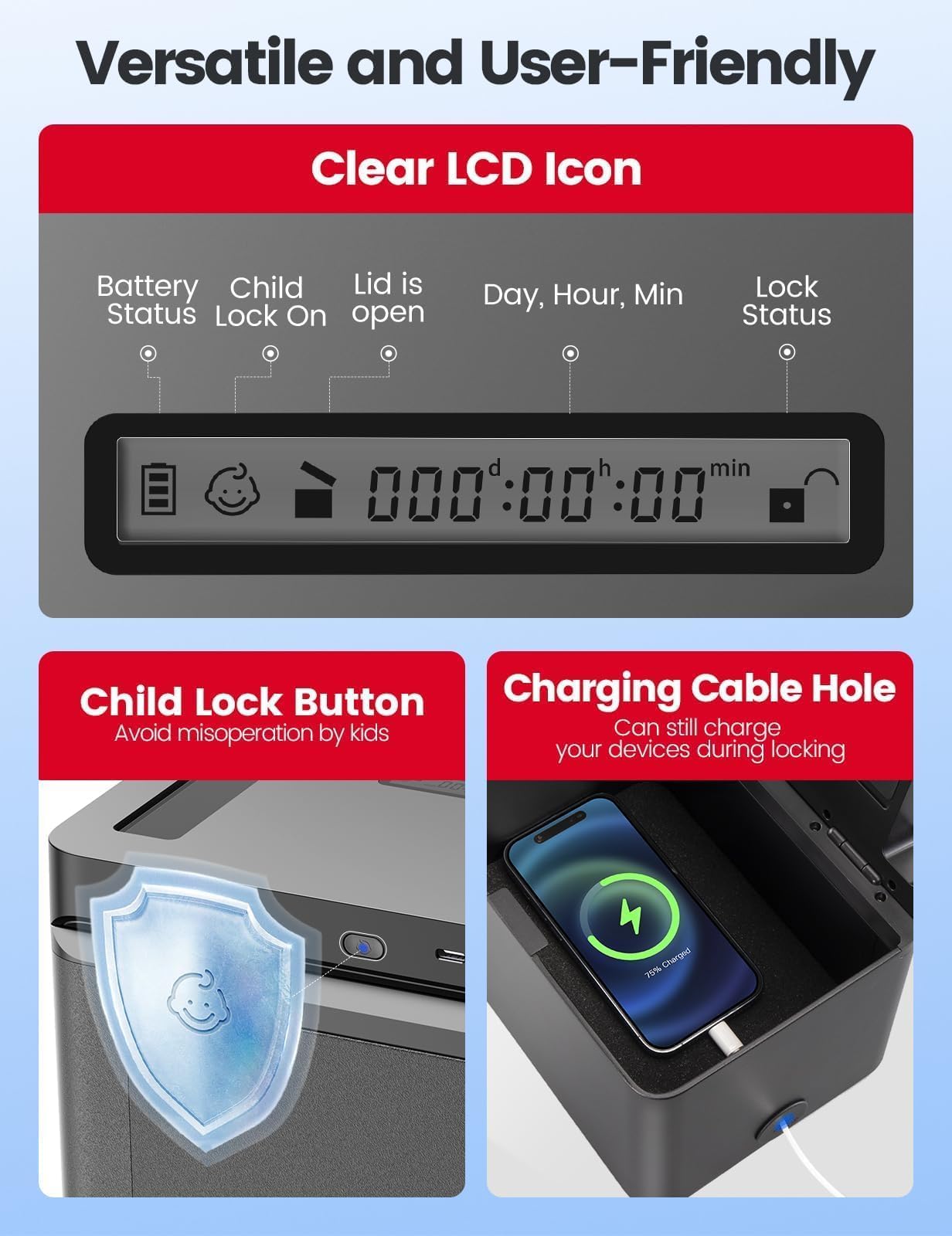 Vaydeer Metal Time Lock Box, Phone Lock Box with Timer, Timed Locking Safe, Self-Control Container with USB C Charge,Child Lock, Audio Prompt, Time Release Storage Locker for Phone/Medicine