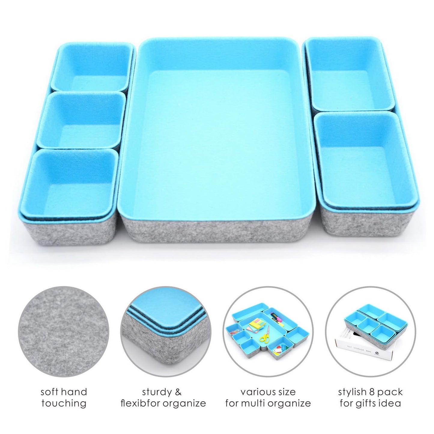 Welaxy Drawer organizers bins dividers storage trays shallow organizing box for office supplies makeup nightstand catchall key holder cozy room decor 8-piece (Baby blue)