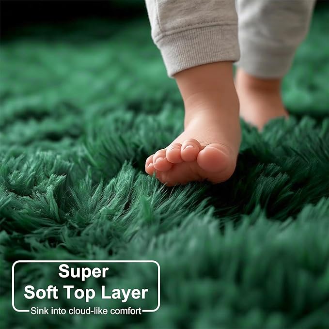 Amdrebio Dark Green Round Rug 4Ft for Bedroom, Fluffy Fuzzy Circle Area Rugs for Living Room Decor, Shaggy Emerald Green Rugs for Kids, Teen Boys, Baby Nursery, Furry Plush Floor Carpet for Classroom