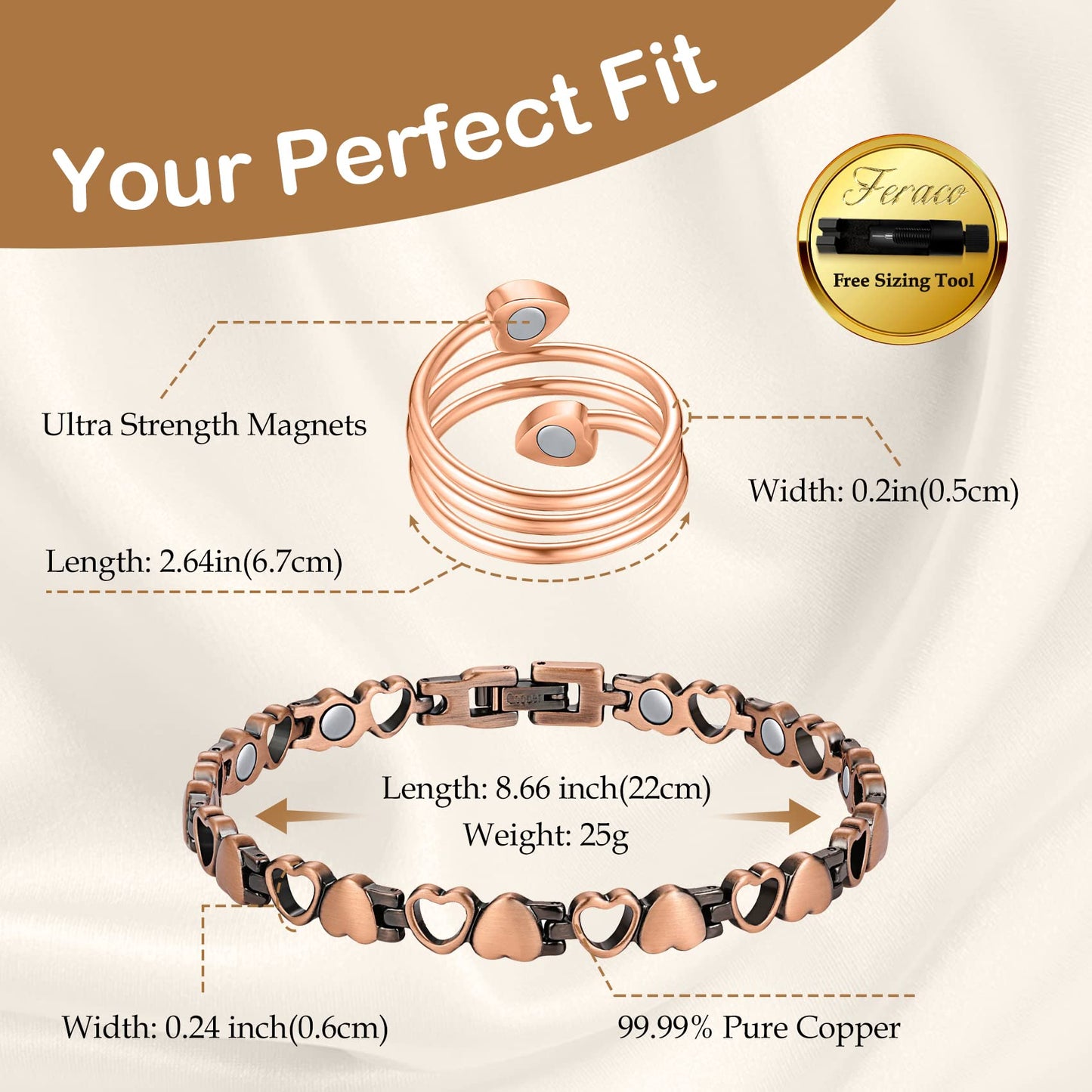 Feraco Copper Bracelet for Women 99.99% Solid Copper Magnetic Bracelets, Unique X Shape Links, Magnetic Field Therapy Jewelry Gifts (Heart Shape with Ring)
