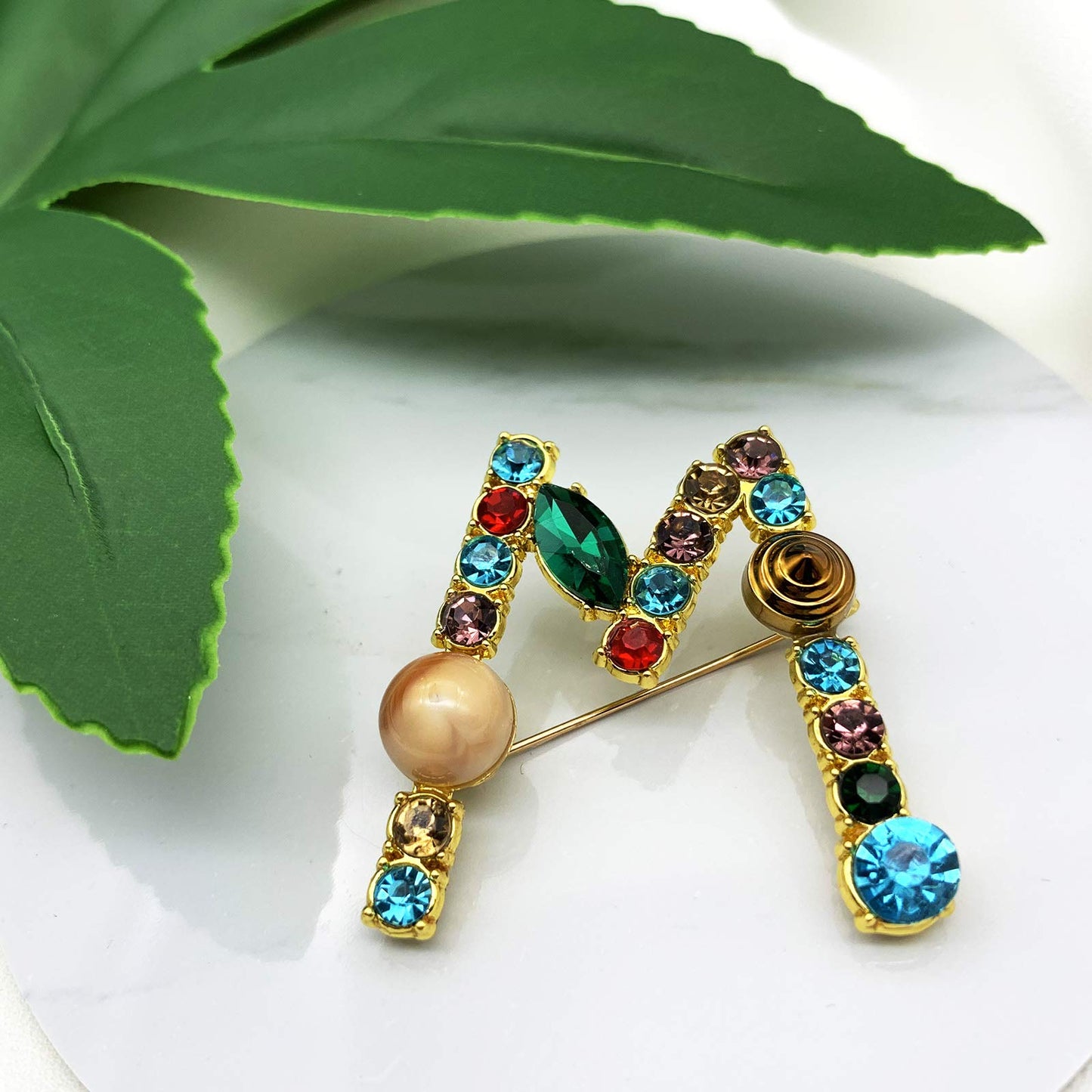 XGALBLA Letters M Plated Metal Stone Clear Colorful Crystal Lapel Pin Brooches Collar(Gold Tone)