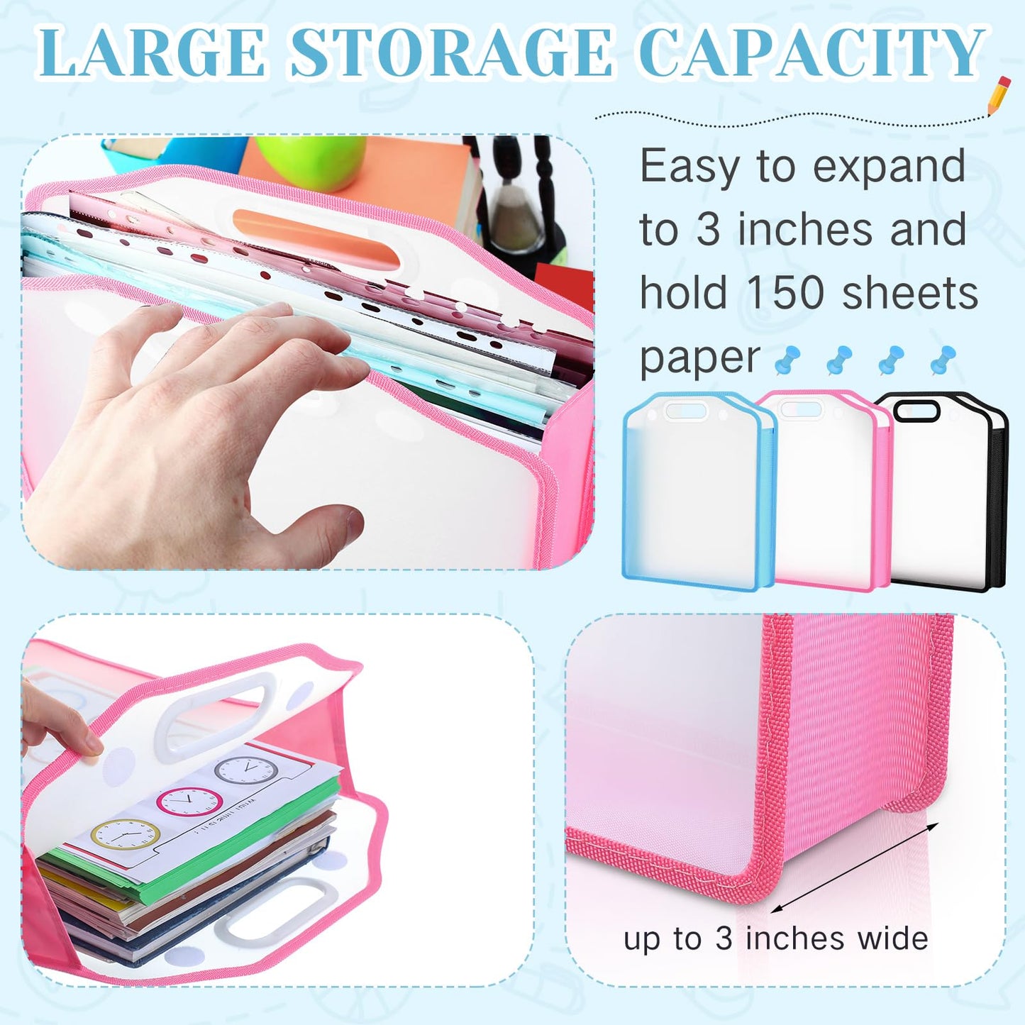 PerKoop 6 Pcs Scrapbook Paper Storage Organizer 12'' x 12'' Sheets Portable Expandable Paper File Storage with Handle and Button Closure for Holding Scrapbook File Cardstock(Blue, Black, Pink)