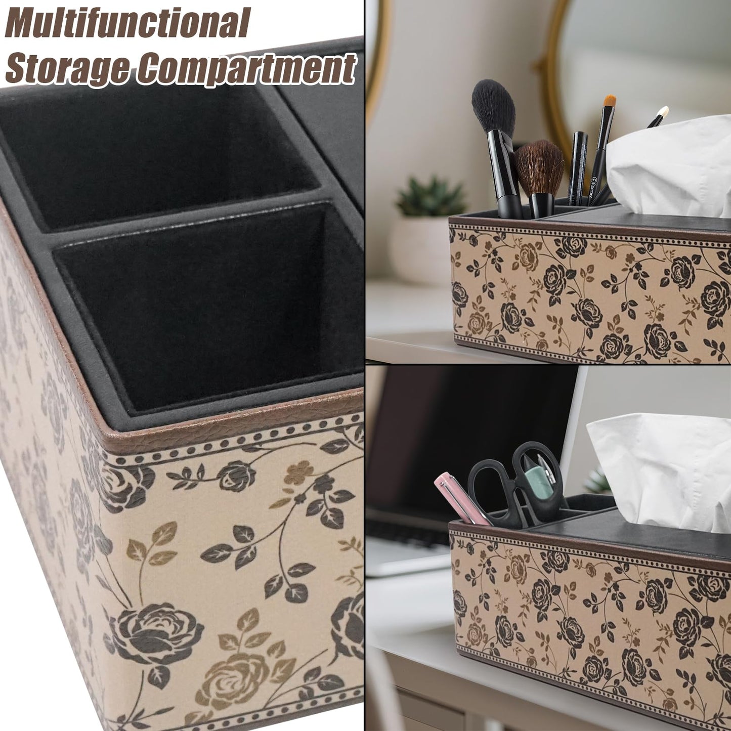 DreamsEden PU Leather Tissue Box Cover with Storage Tray, Multi-Functional Organizer for Tissues & Remote Control for Bedroom, Nightstand, End Table, Living Room