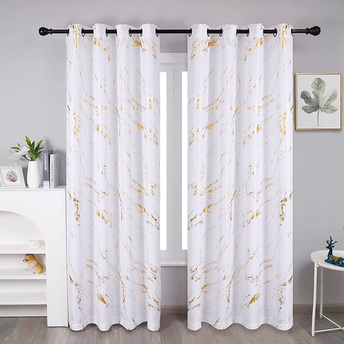 Taisier Home Gold Foil Print Linen Textured Curtains - Geometric Marble Pattern Design for Living Room - Light Filtering Window Treatment, 2 Panels, 72" L, White and Gold