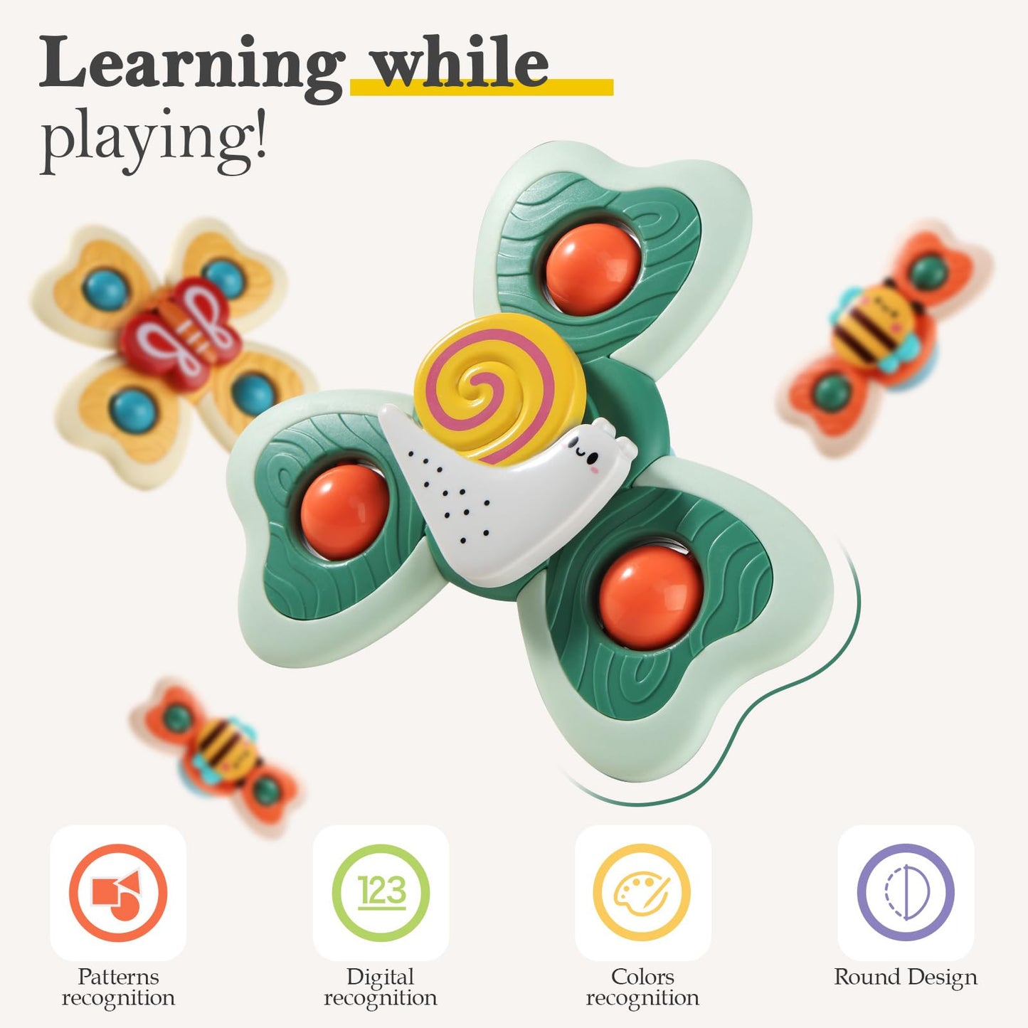 ALASOU 6 PCS Suction Cup Rotating Toys(3 Farm+3 Bee) for Infant and Toddlers