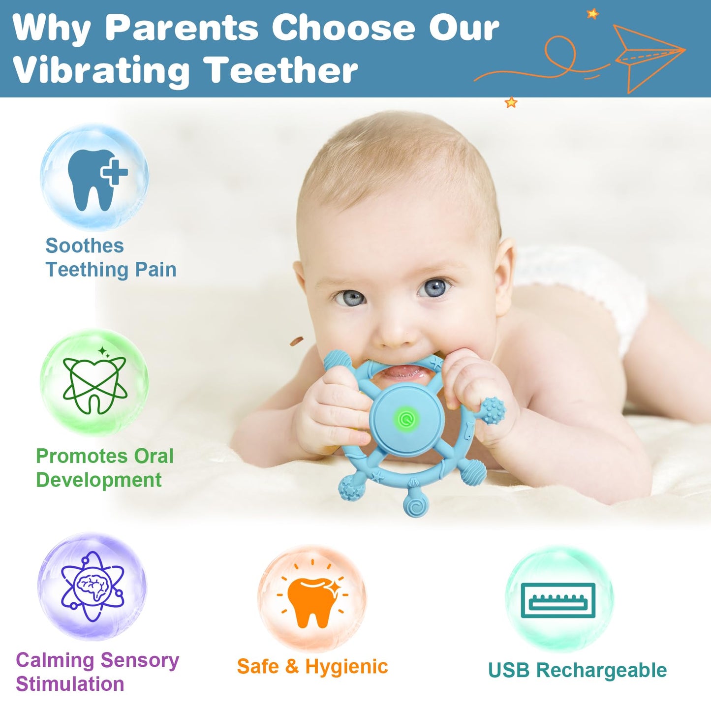 YOFUN 3-Speed Vibrating Baby Teether – Soothing Silicone Teething Toy for Infants 3M+, Food-Grade, USB Rechargeable – Soft & Safe Gum Relief for Babies (Blue)