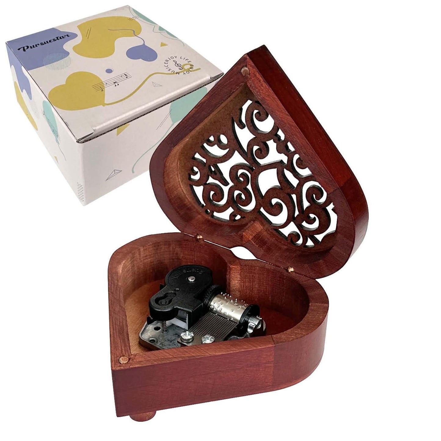 Pursuestar What a Wonderful World Wind Up Music Box, Heart Shaped Vintage Wood Carved Mechanism Musical Gift for Lover Girlfriend Wife Husband Valentine's Day Mother's Day Christmas Anniversary