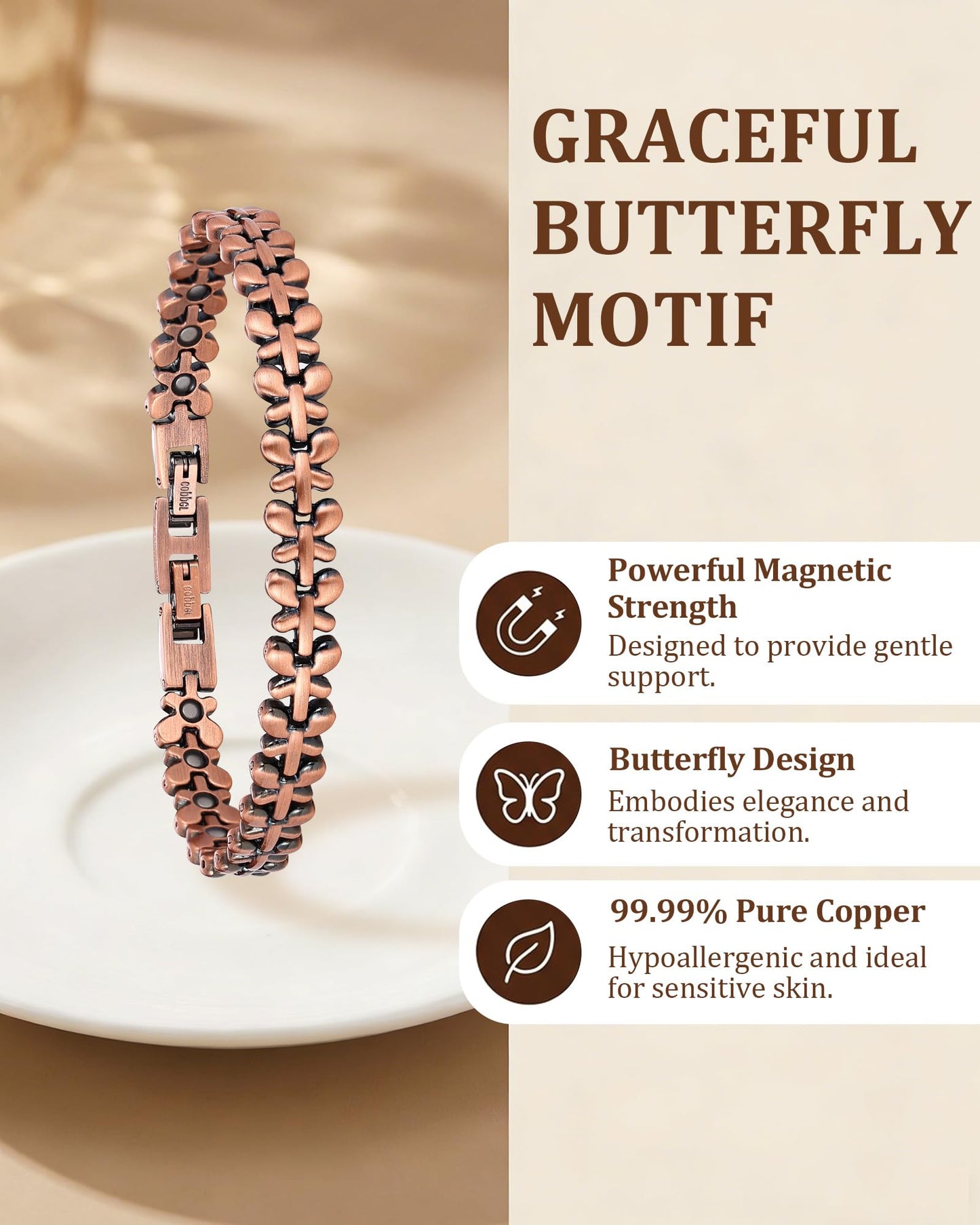 Fashtour Women's Copper Magnetic Bracelet, 3800 Gauss Magnets Butterfly Design, Adjustable Size with Extra Clasp for Daily Wear & Gifts