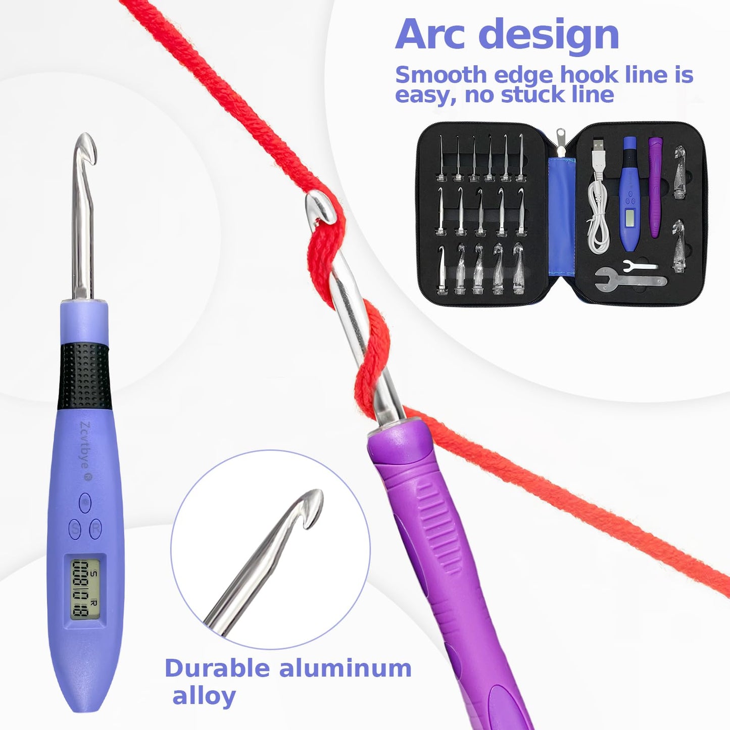 Zcvtbye 18 Size Counting Crochet Hook for Beginners, Lighted Led Digital Row Stitch Counter with Ergonomic Soft Handle, Interchangeable Metal Hook Heads, USB Rechargeable for Dark Yarn
