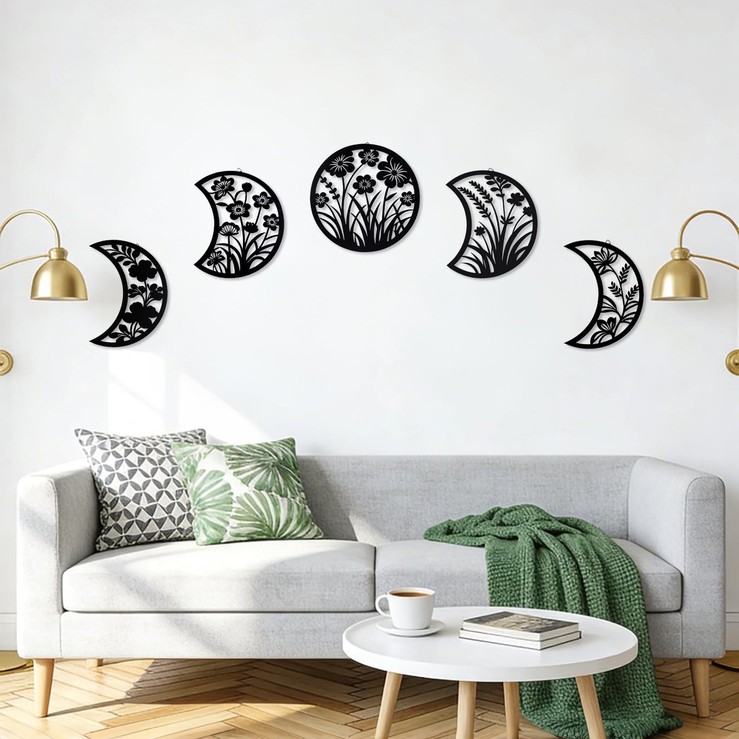 Larber 5PCS Black Metal Moon Phase Wall Hanging Decor 7.5–10 inch Moon Phase Wall Art with Floral & Herb Silhouettes Boho Lunar Aesthetic Art for Bedroom Gift Bathroom Restaurant Wall