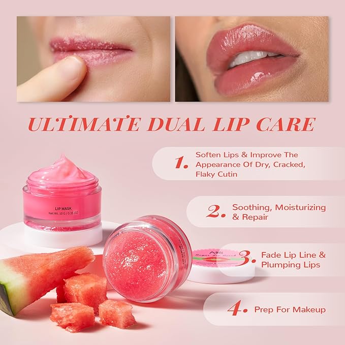 Stocking Stuffers Lip Mask Set, Lip Scrub & Lip Butter, Overnight Lip Treatment Set Enriched With Skin Softening Ceramide & Watermelon and Hydrating Shea Butter, For A Softer & Smoother Pout