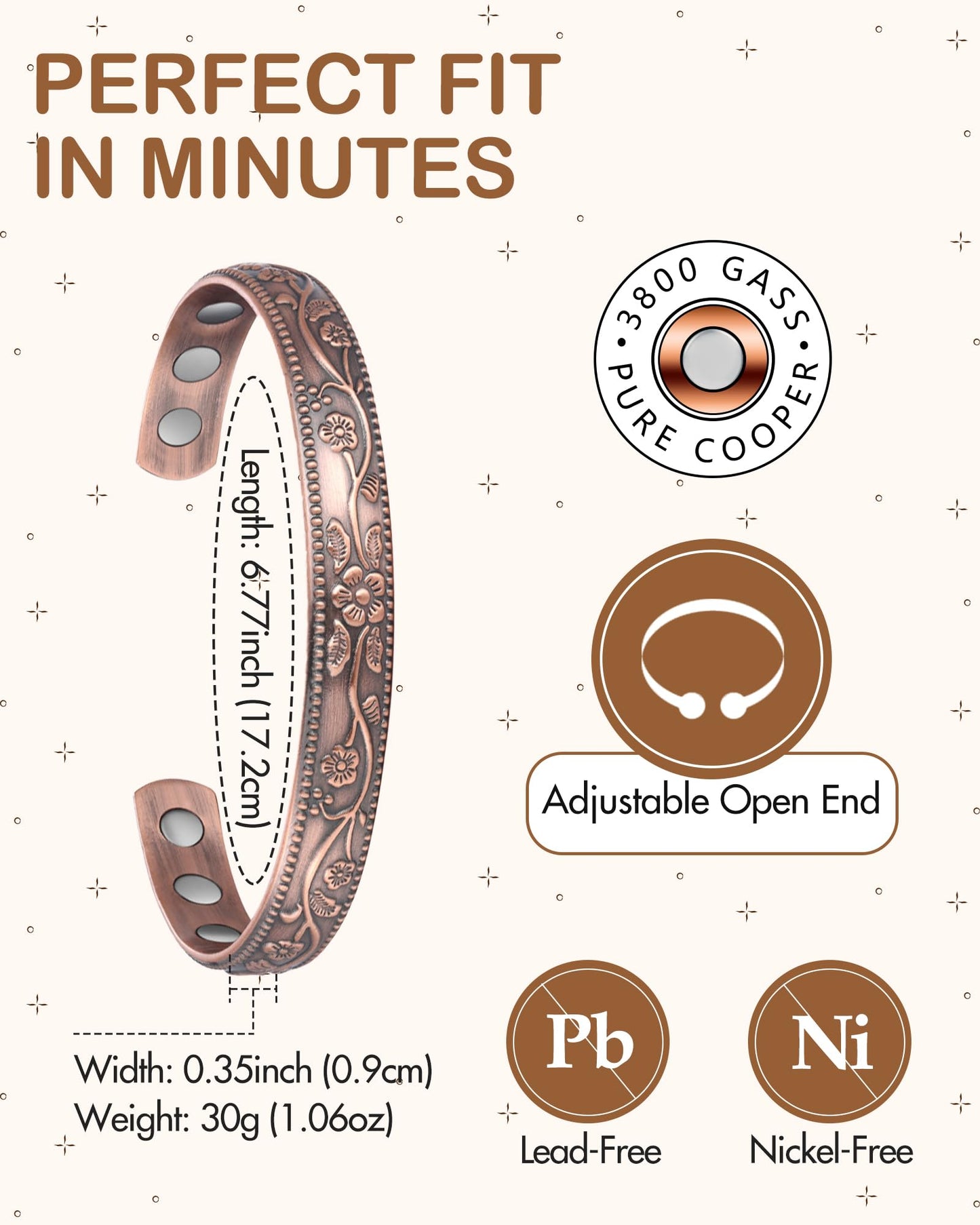 Feraco Copper Bracelet for Women, Ultra Strength Magnetic Bracelets, 99.99% Pure Copper Cuff Bangle with 3500 Gauss Neodymium Magnets, Adjustable